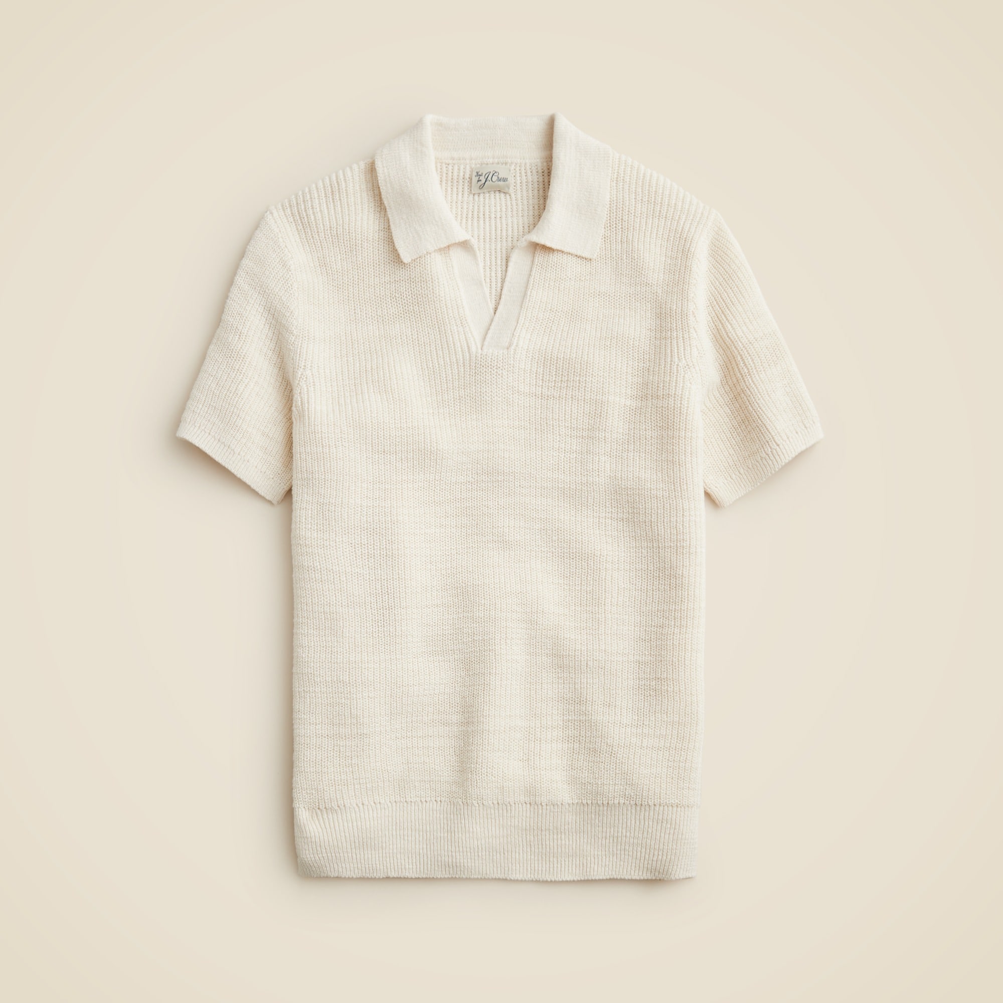 Short-sleeve linen-cotton blend johnny-collar sweater-polo