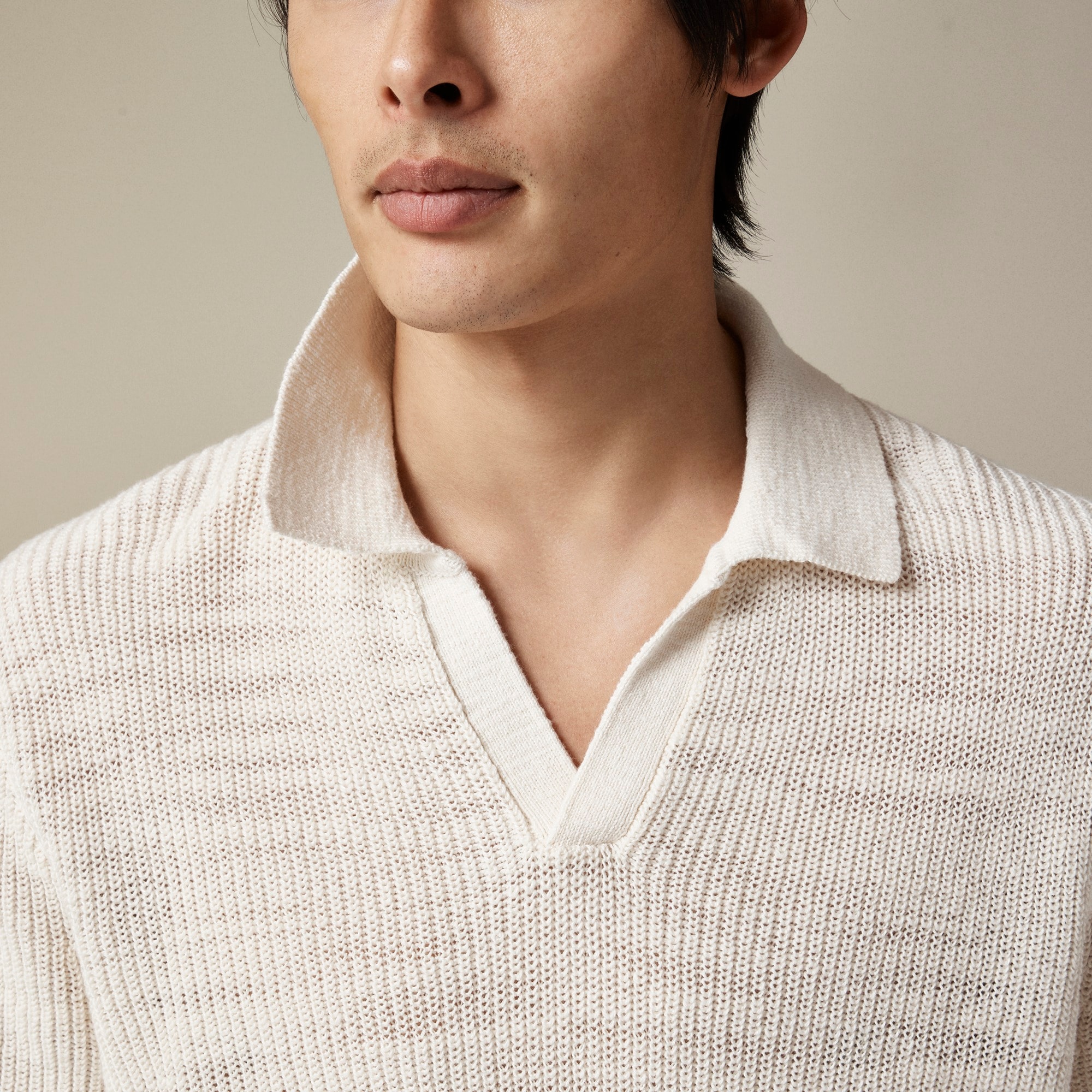 Short-sleeve Linen-cotton Blend Johnny-collar Sweater-polo For Men