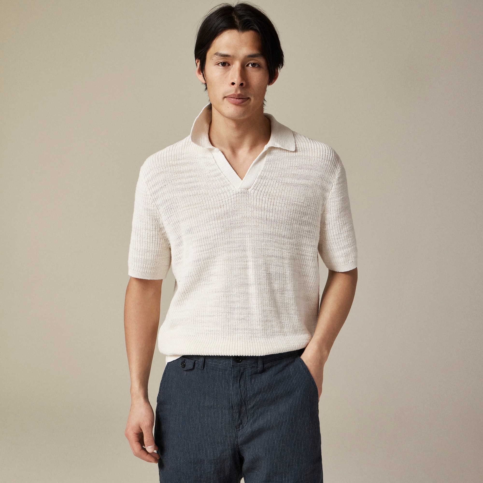  Short-sleeve linen-cotton blend johnny-collar sweater-polo