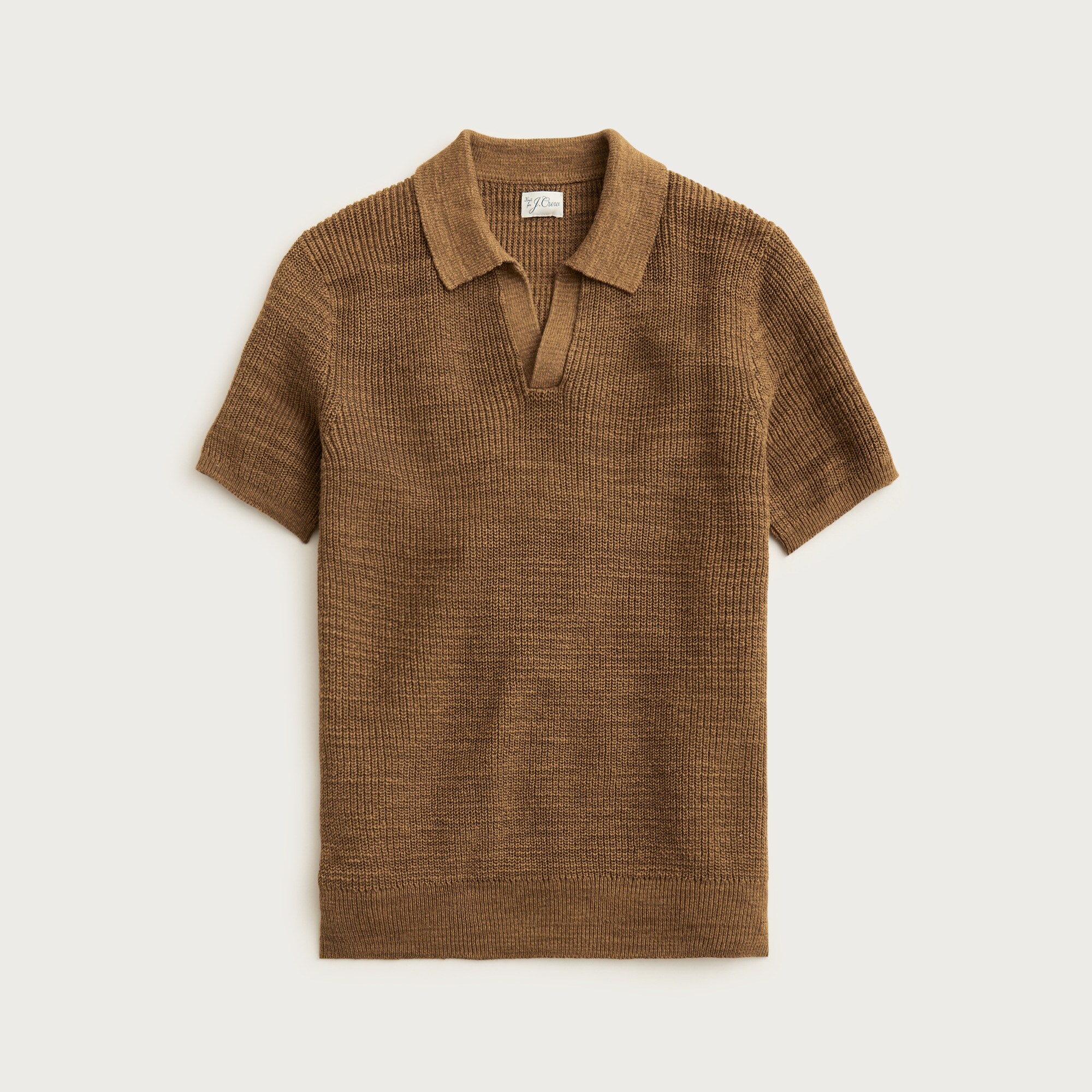 Short-sleeve linen-cotton blend johnny-collar sweater-polo