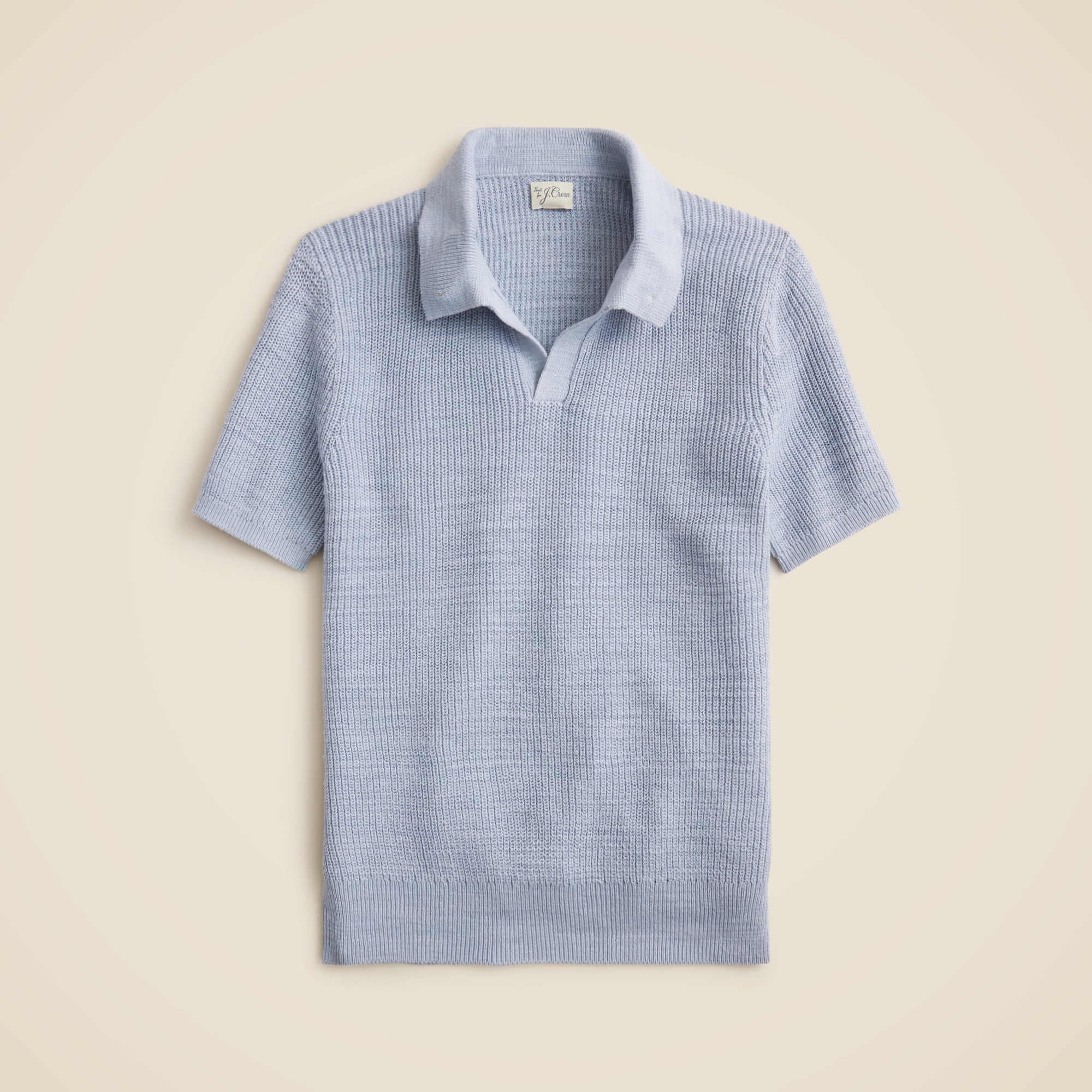 Short-sleeve linen-cotton blend johnny-collar sweater-polo