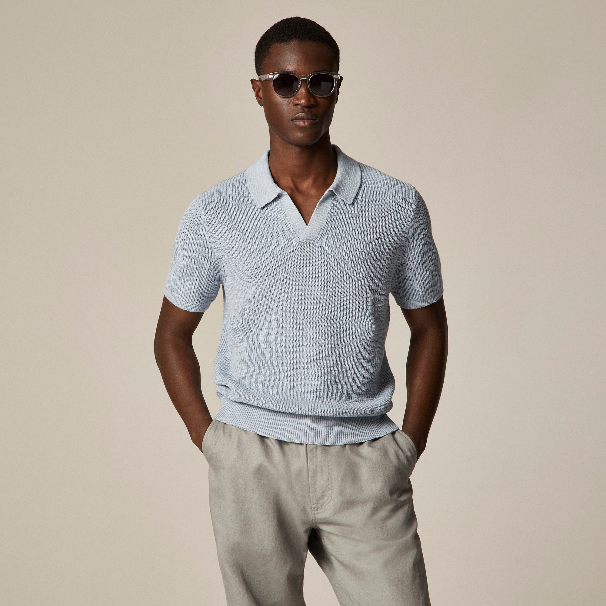  Short-sleeve linen-cotton blend johnny-collar sweater-polo