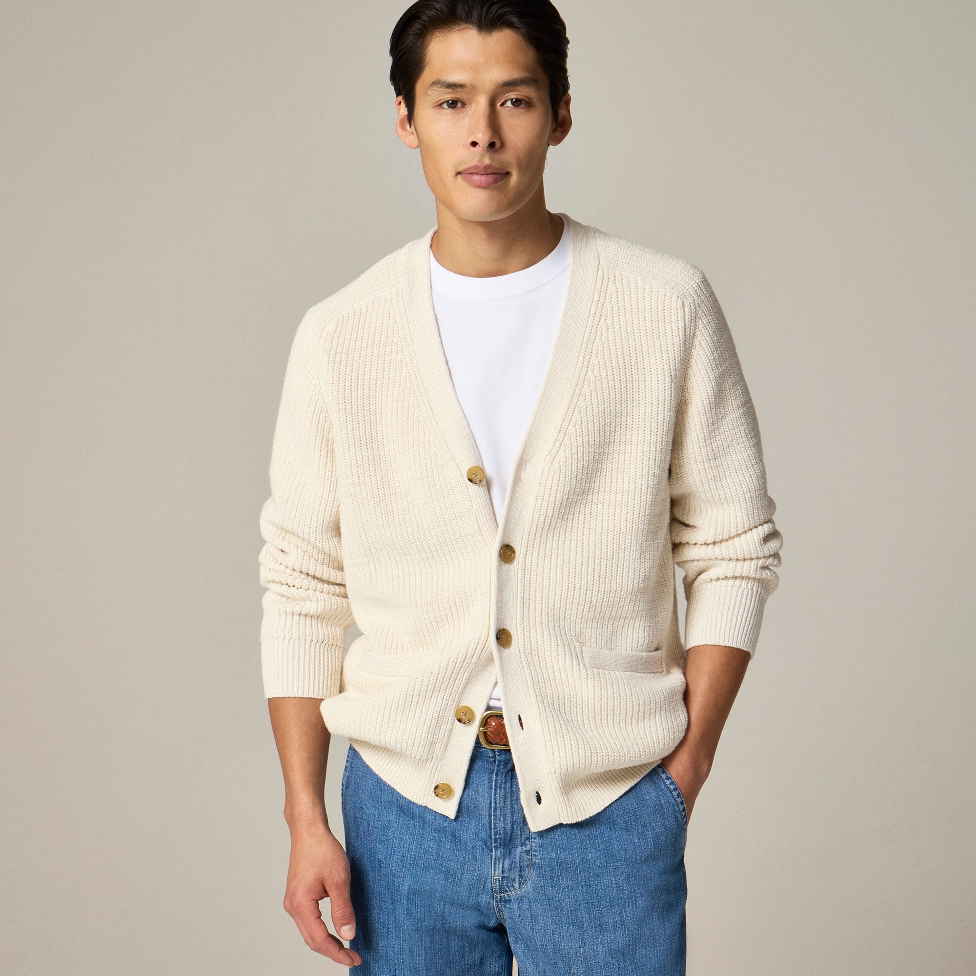 mens Linen-cotton blend V-neck cardigan