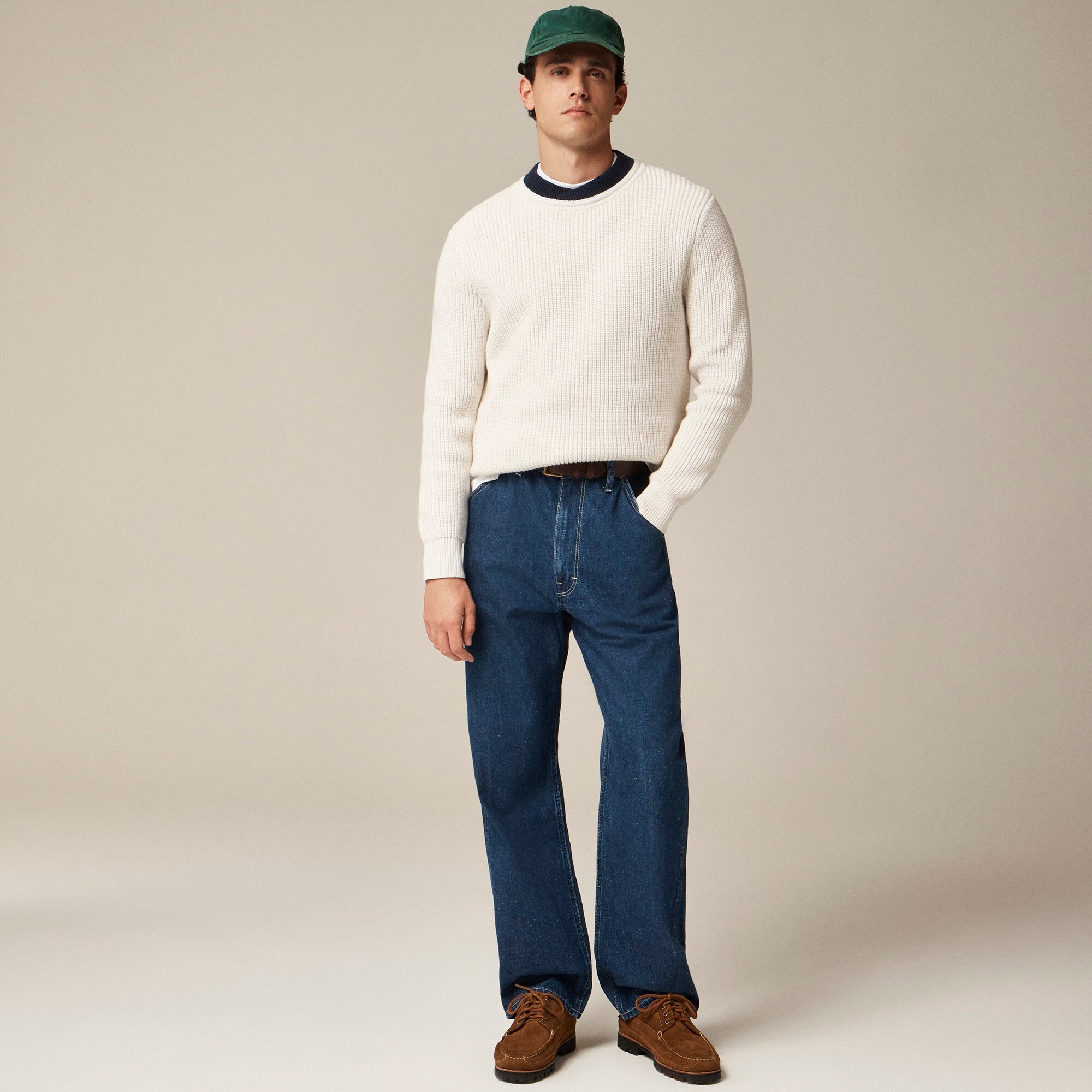 Cotton shaker-stitch crossover crewneck sweater