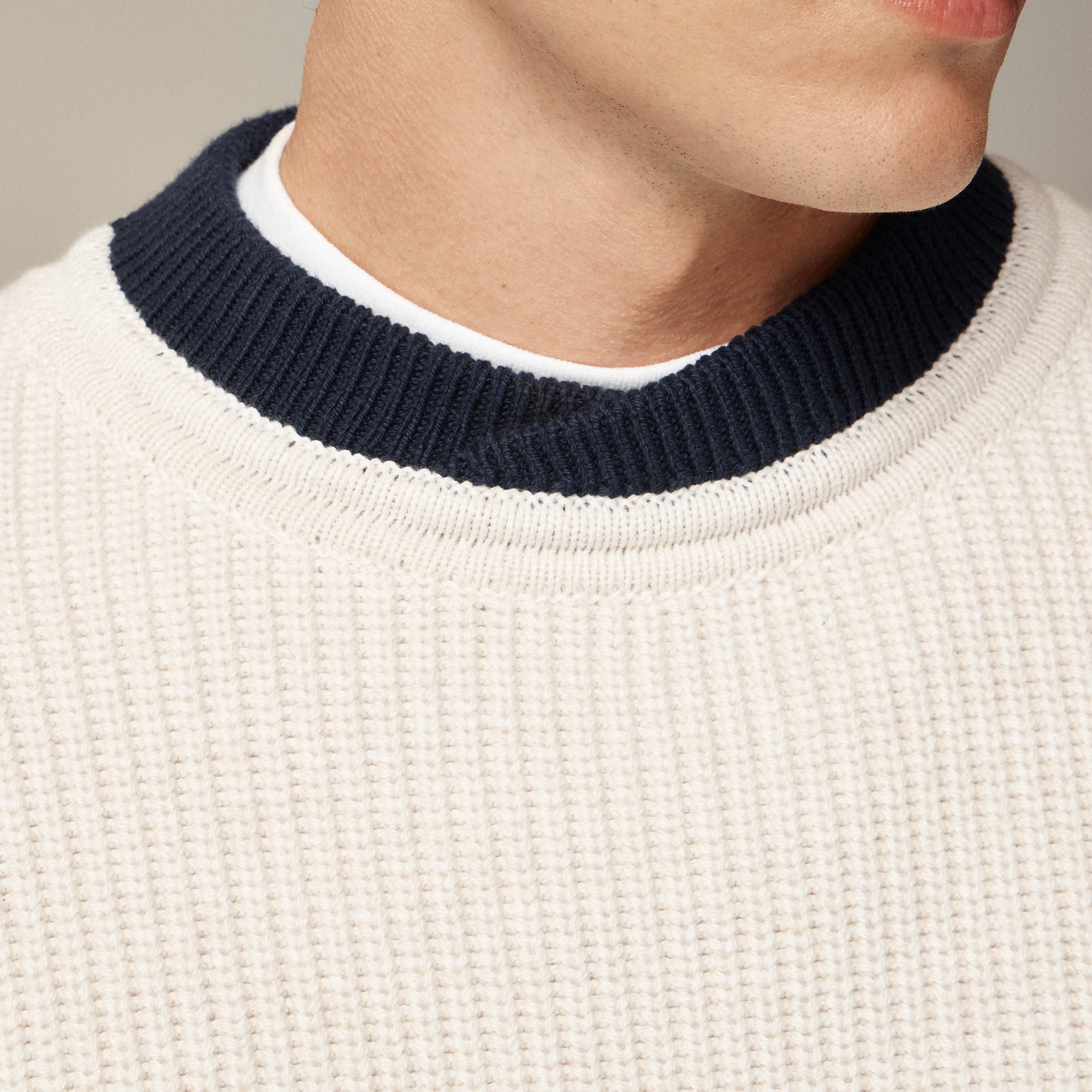 Cotton shaker-stitch crossover crewneck sweater