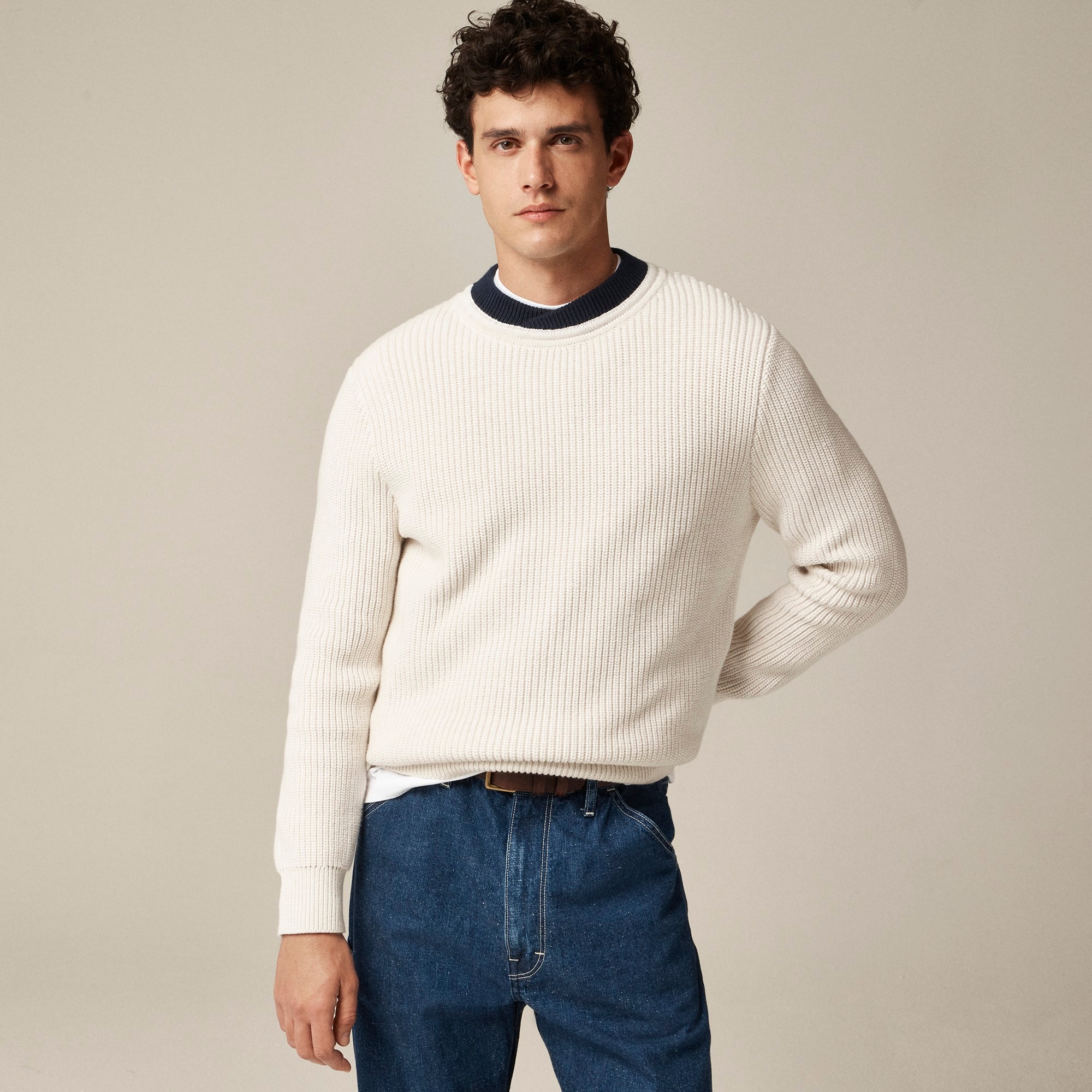 mens Cotton shaker-stitch crossover crewneck sweater
