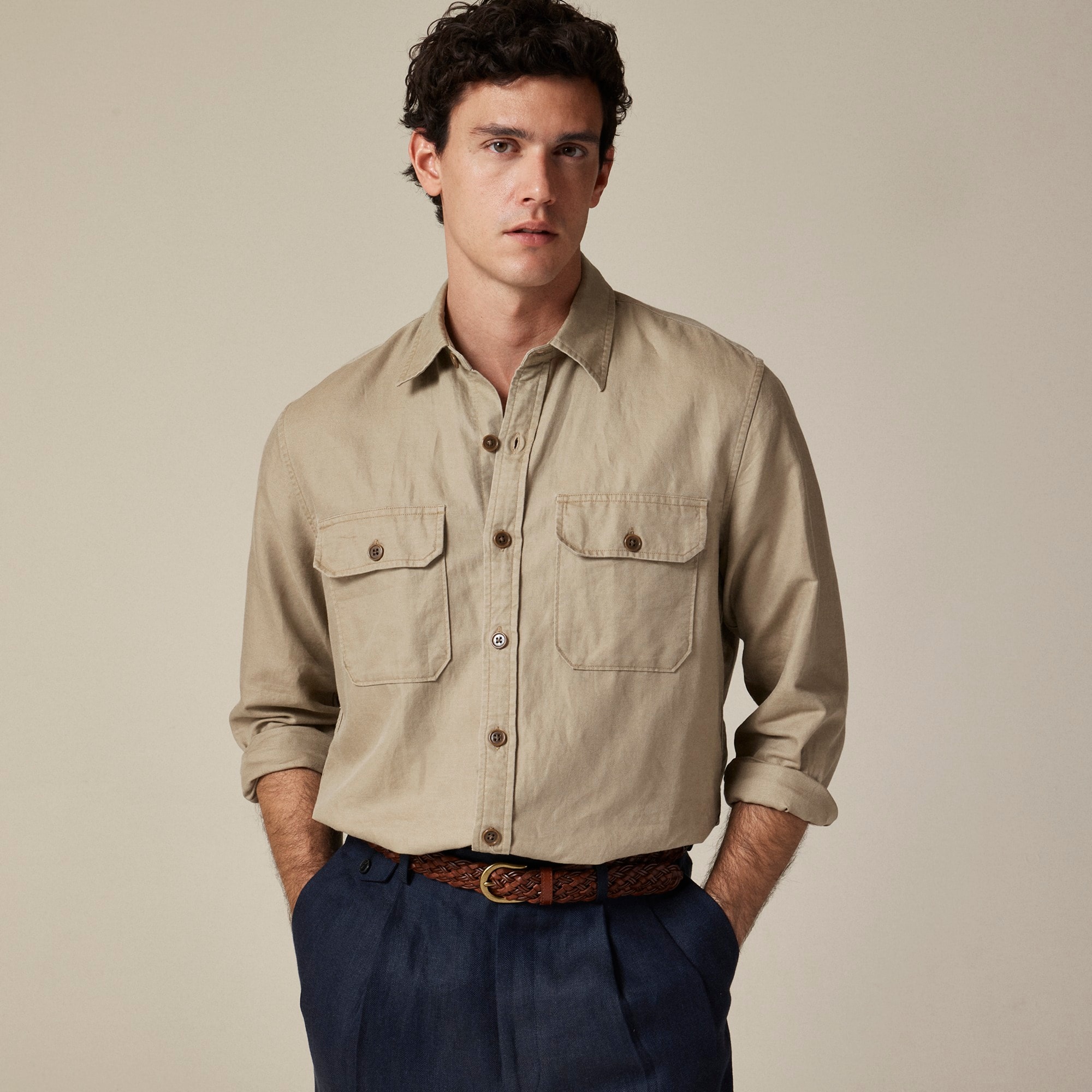 mens Linen-cotton blend twill workshirt