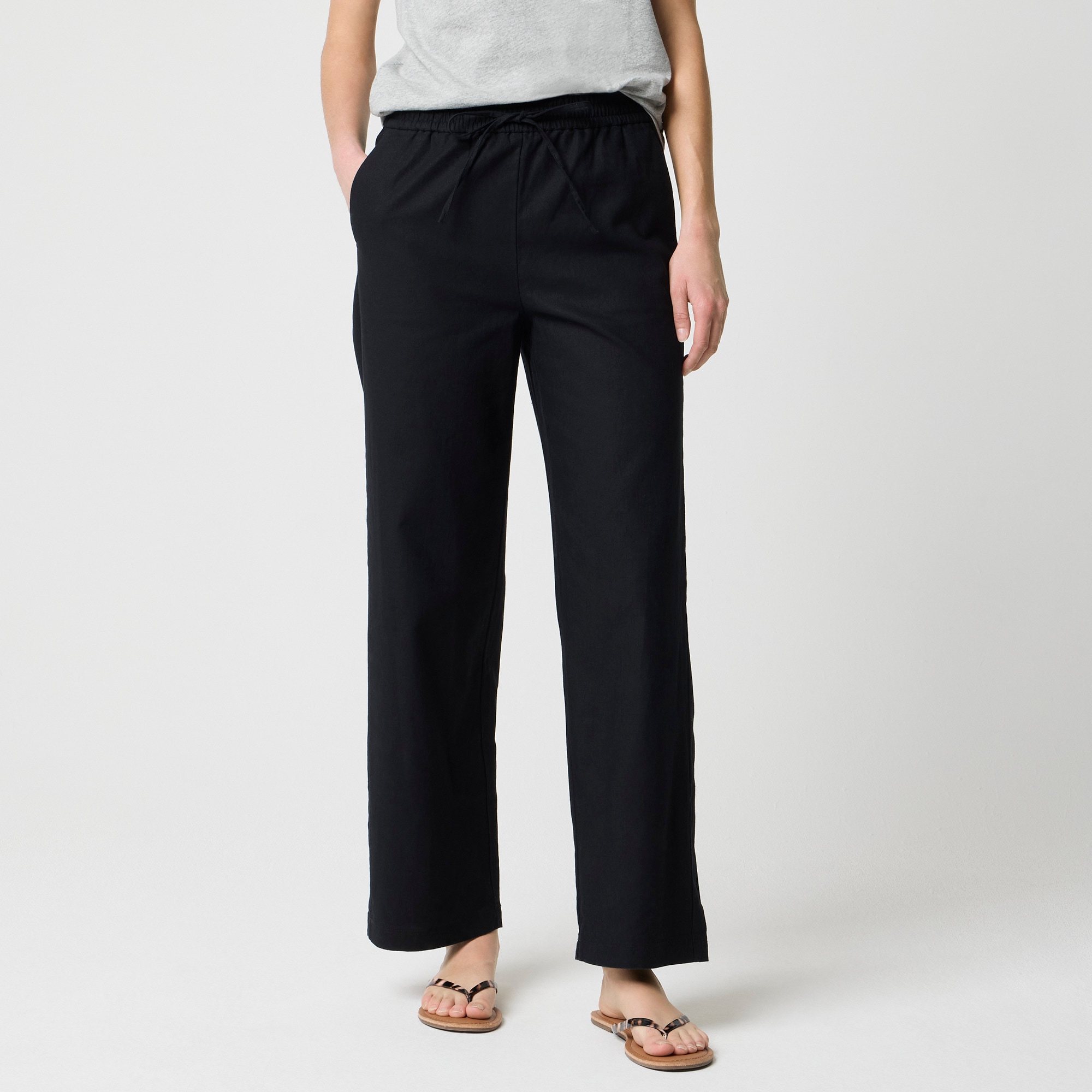 womens Petite linen-blend slim wide-leg drawstring pant