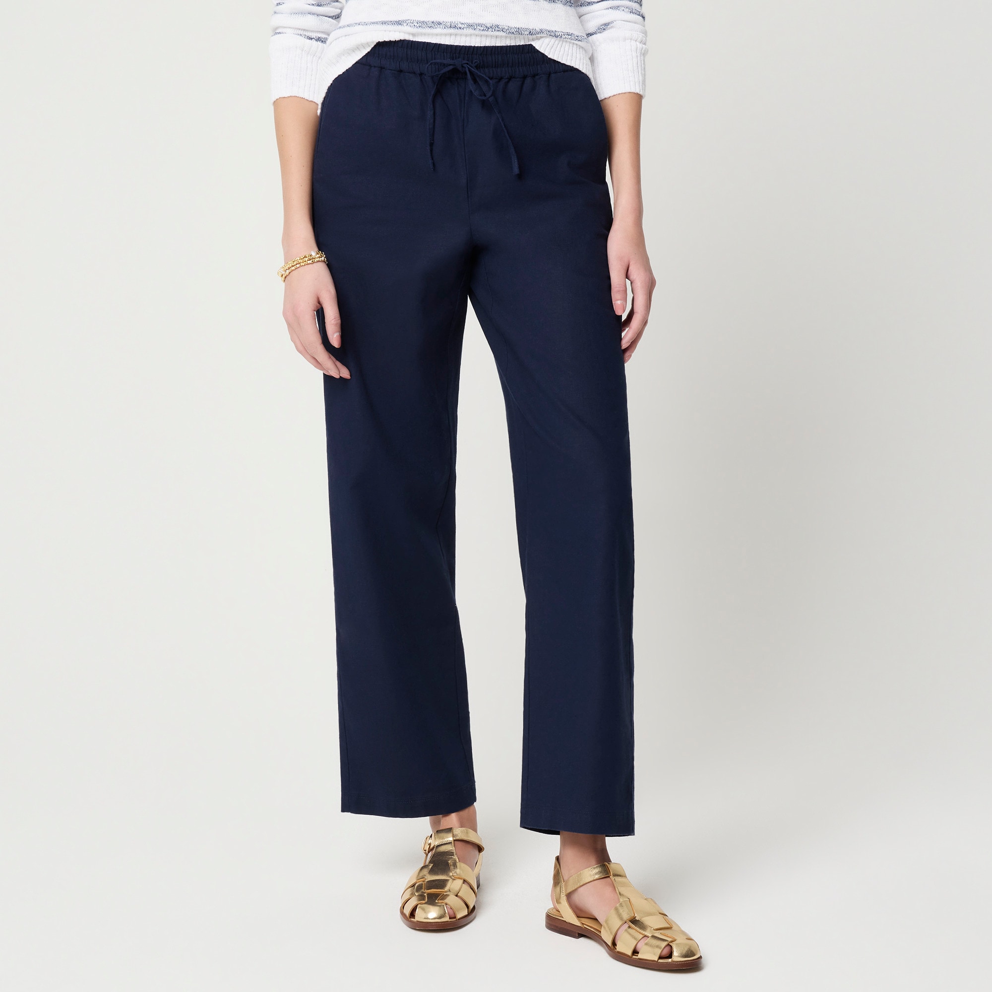 womens Petite linen-blend slim wide-leg drawstring pant