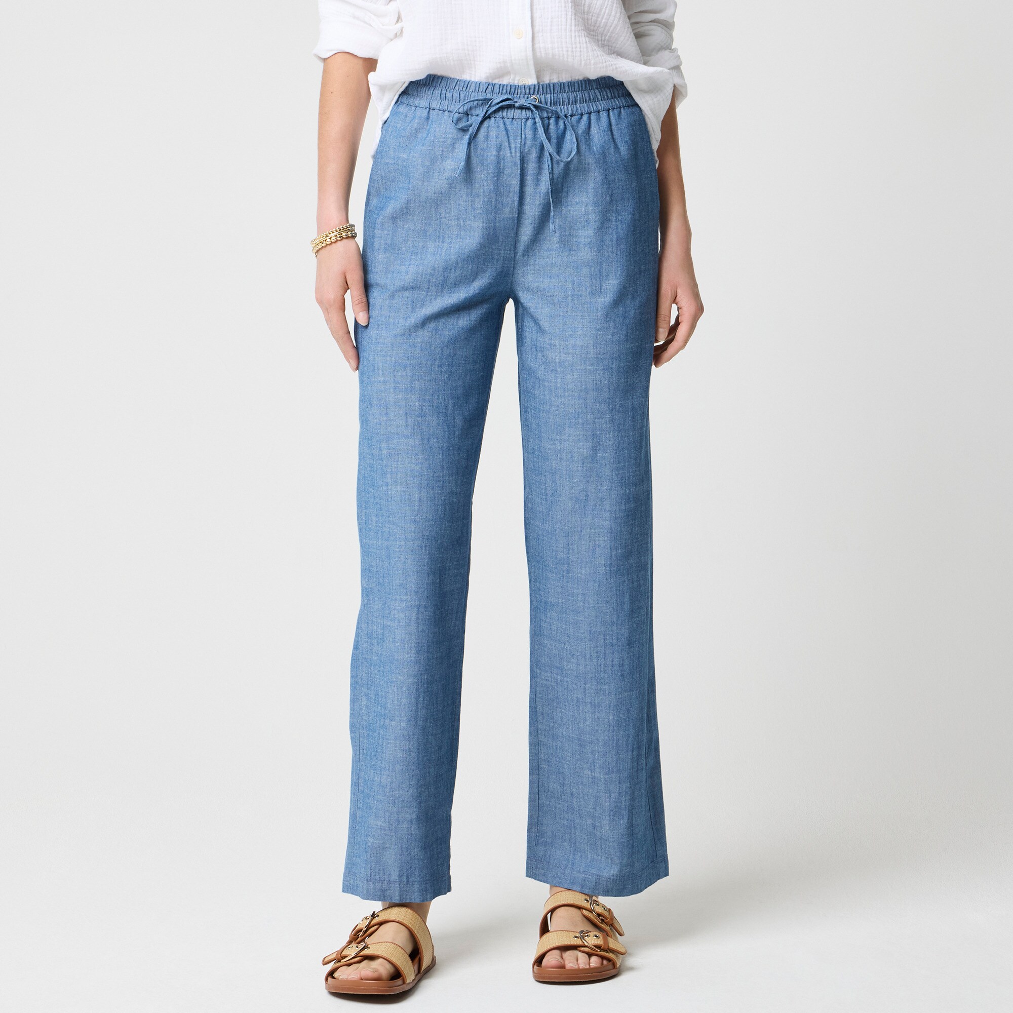 womens Petite chambray slim wide-leg drawstring pant