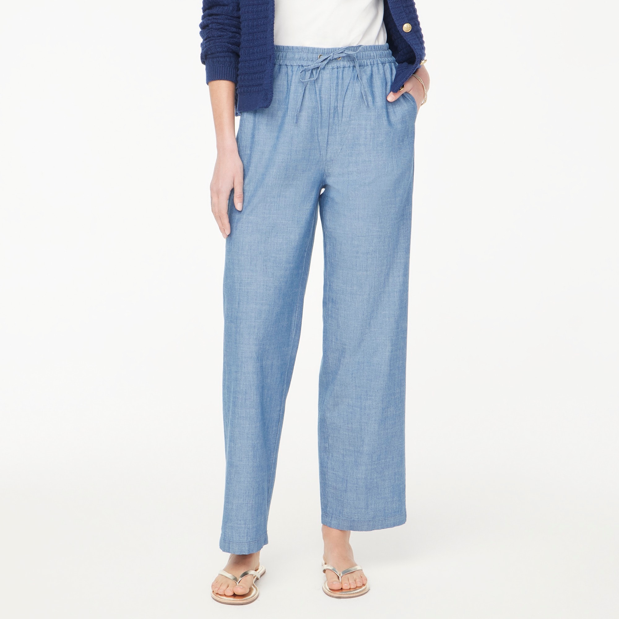 womens Chambray slim wide-leg drawstring pant