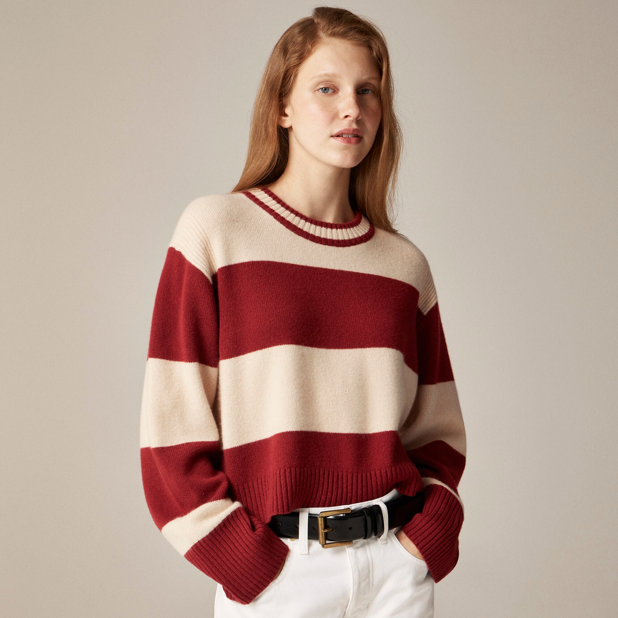 womens Cashmere crewneck sweater in rugby stripe