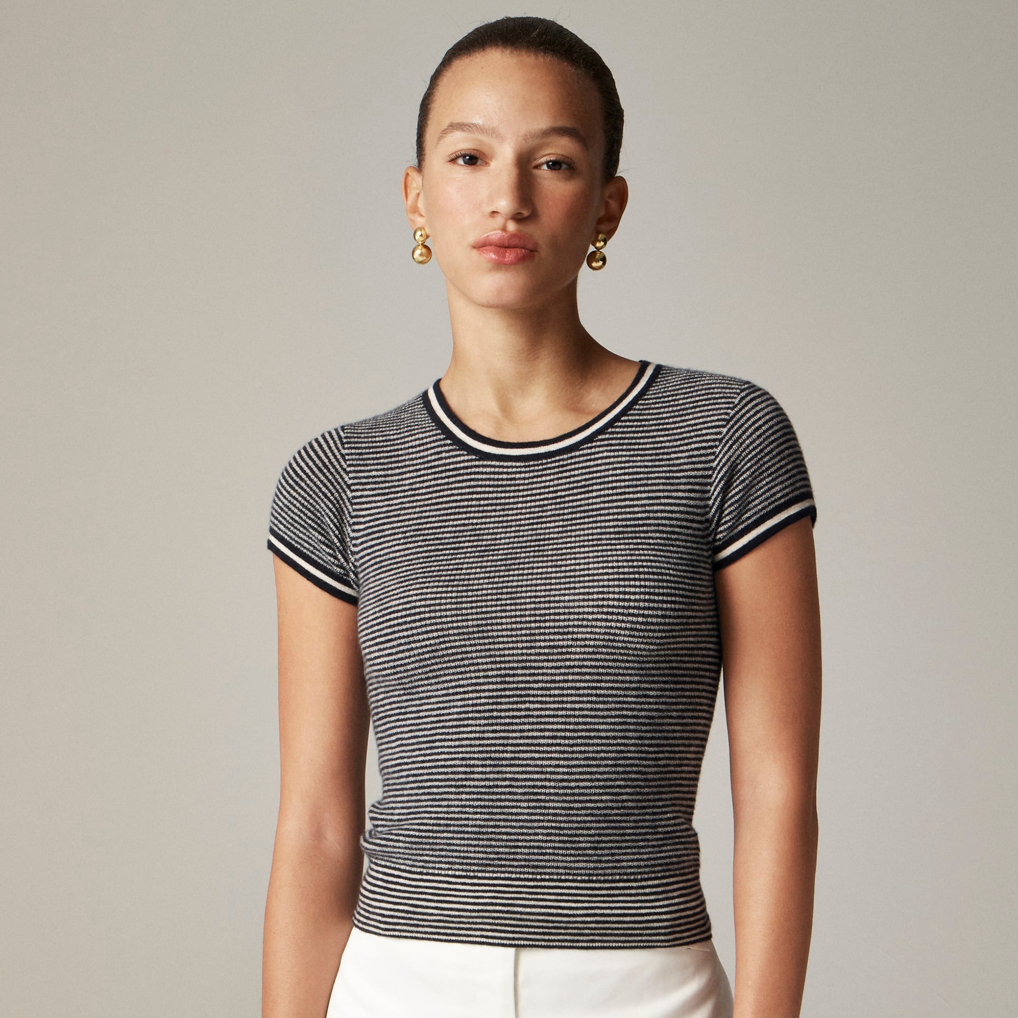 womens Ribbed featherweight cashmere T-shirt in stripe