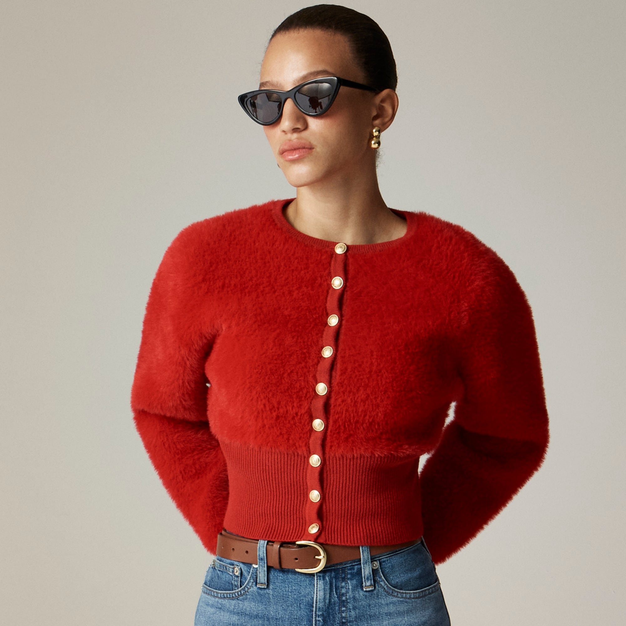 womens Fitted-waist cardigan in fuzzy yarn