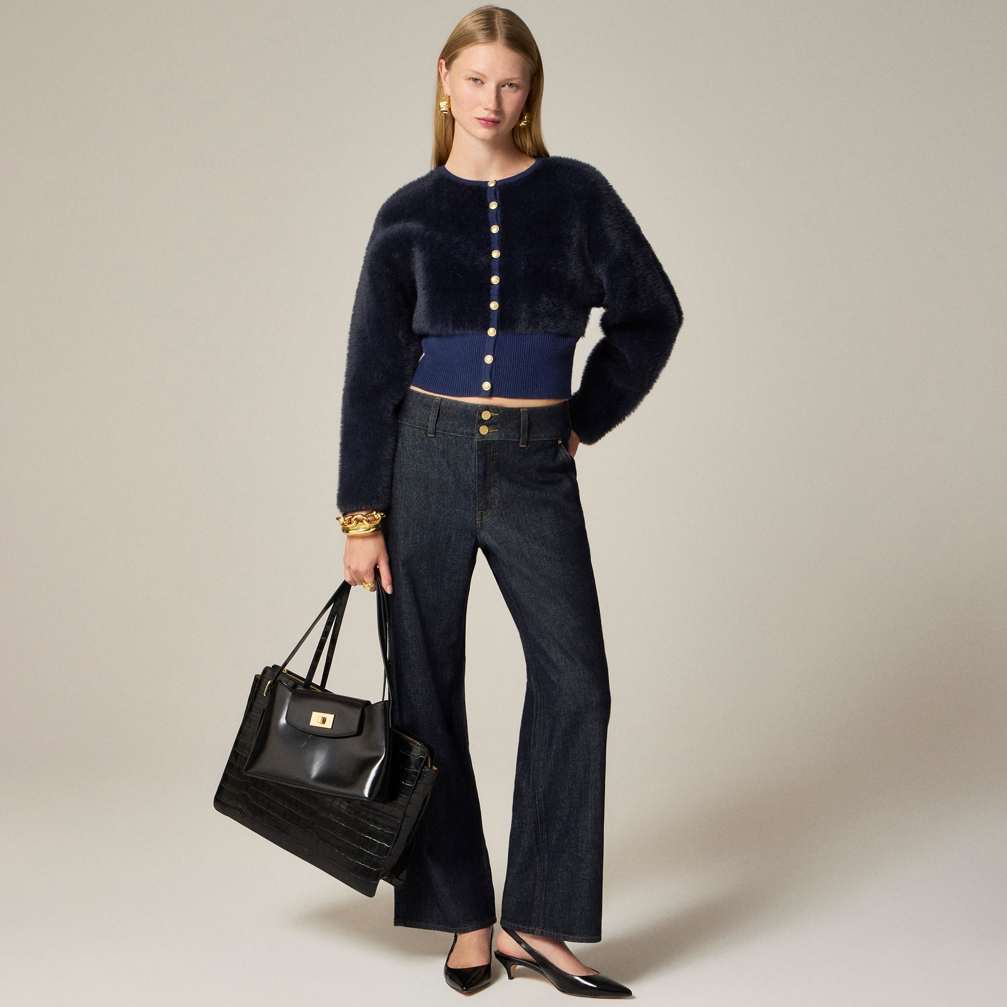 womens Fitted-waist cardigan in fuzzy yarn