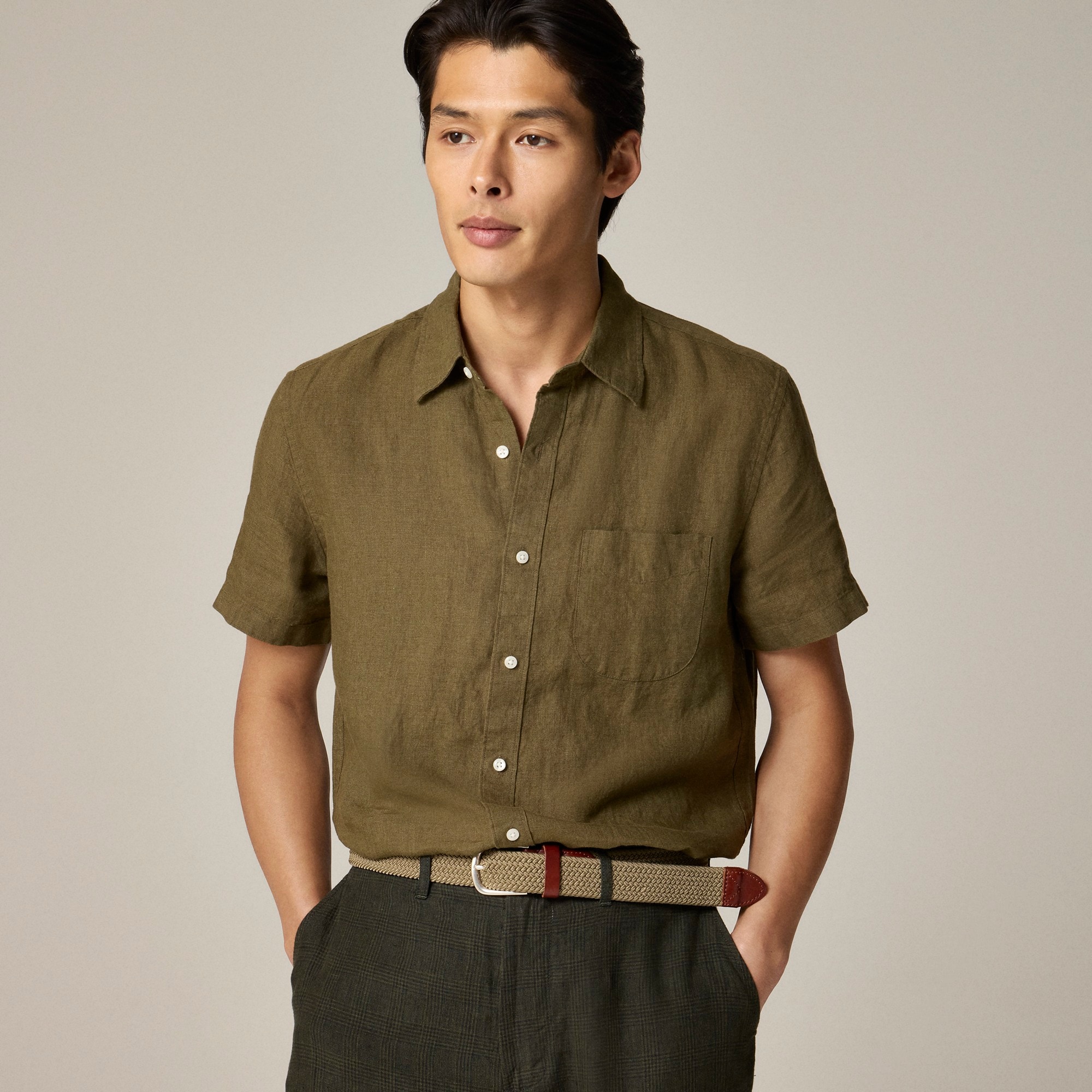  Short-sleeve linen point-collar shirt