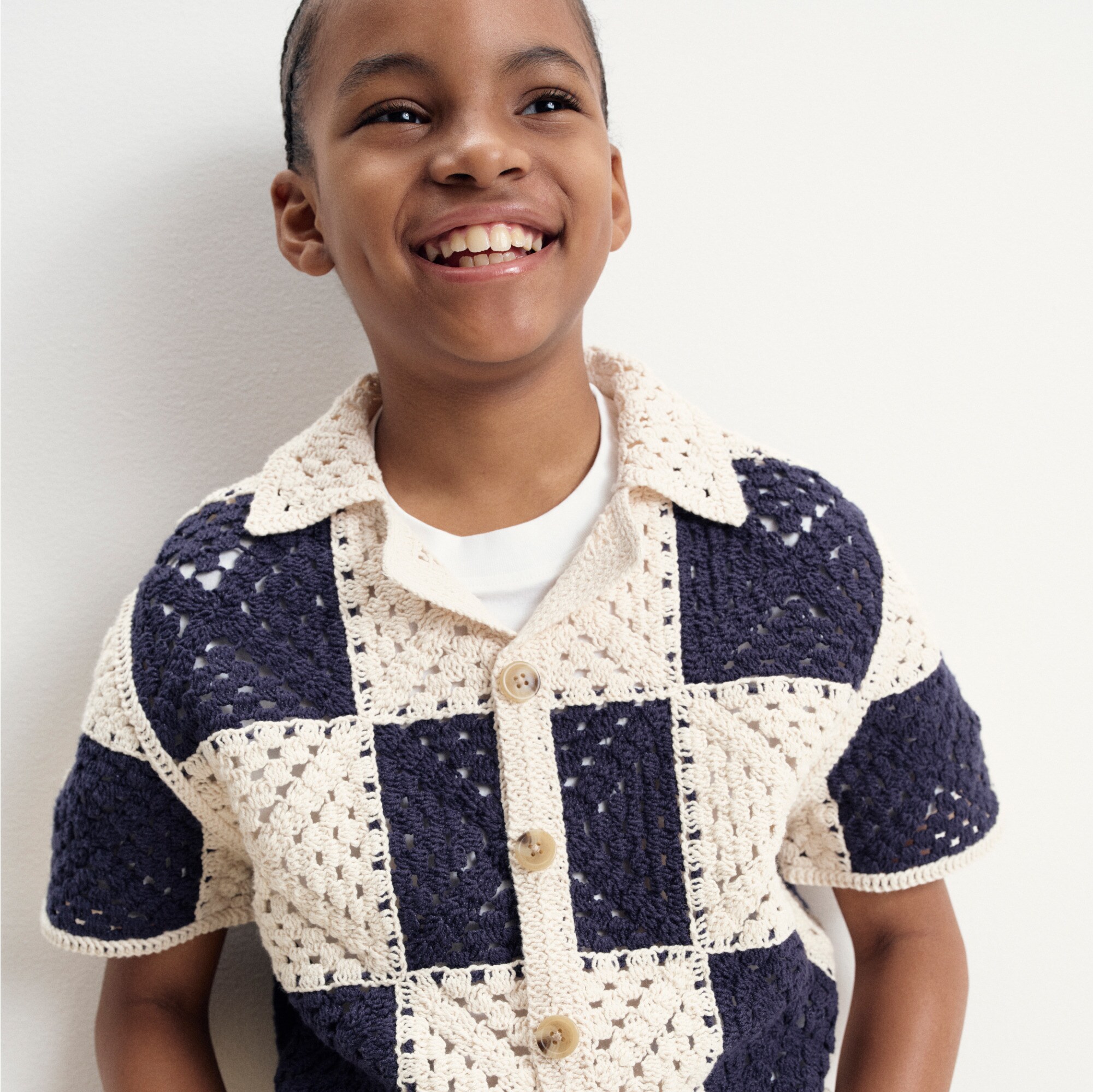 Kids' short-sleeve checker crochet camp shirt