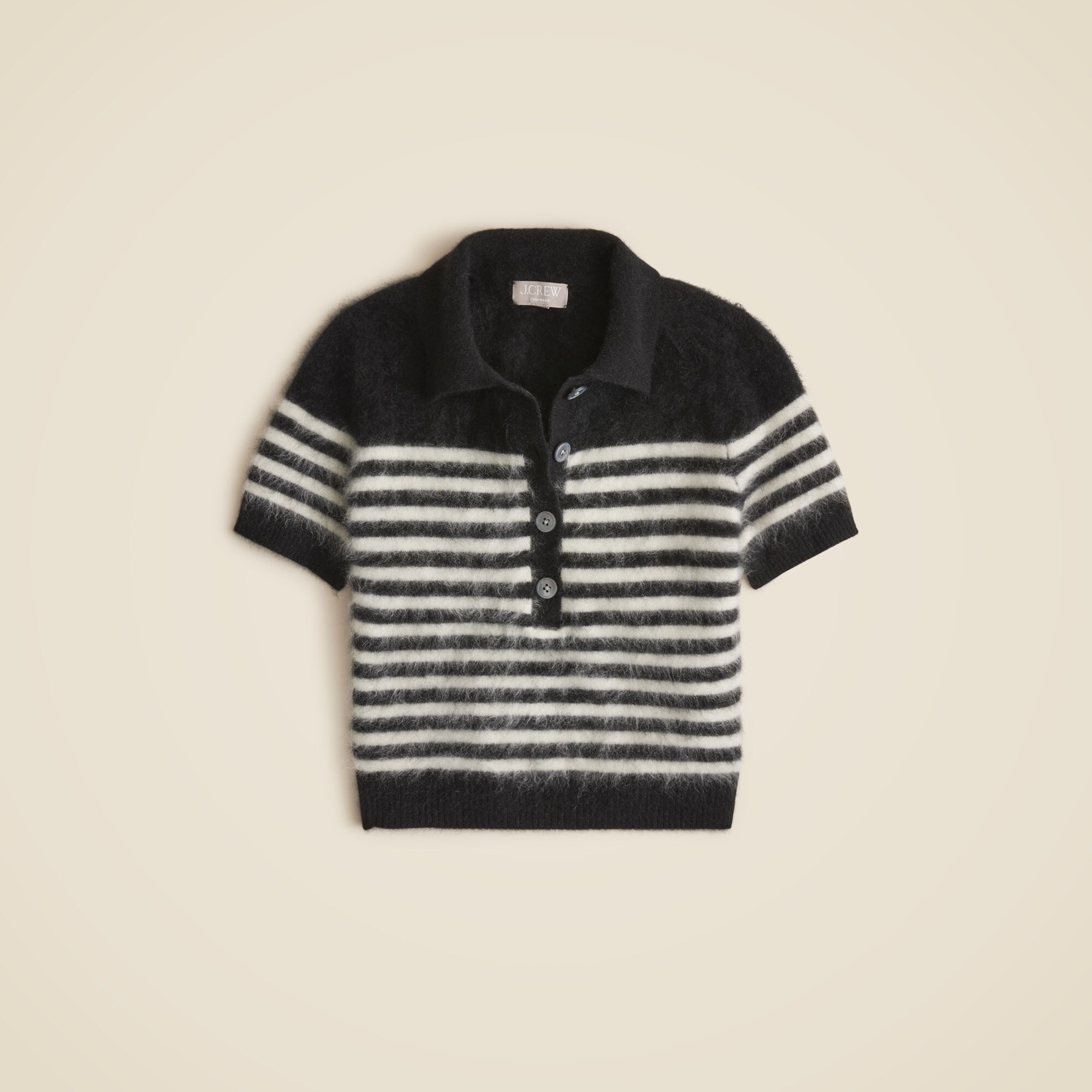 Brushed cashmere short-sleeve sweater-polo in stripe