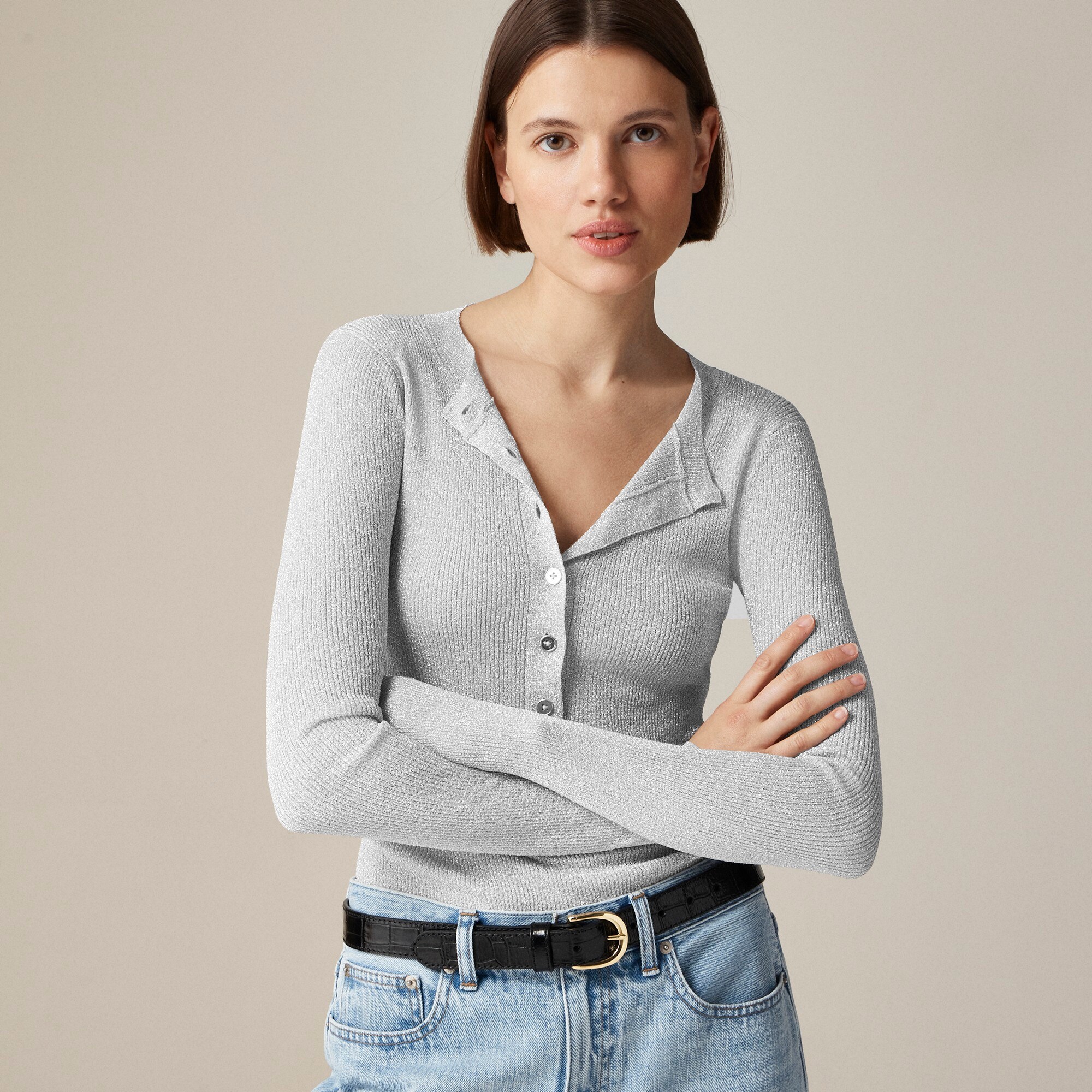 womens Ribbed henley sweater with  Lurex&reg; metallic threads