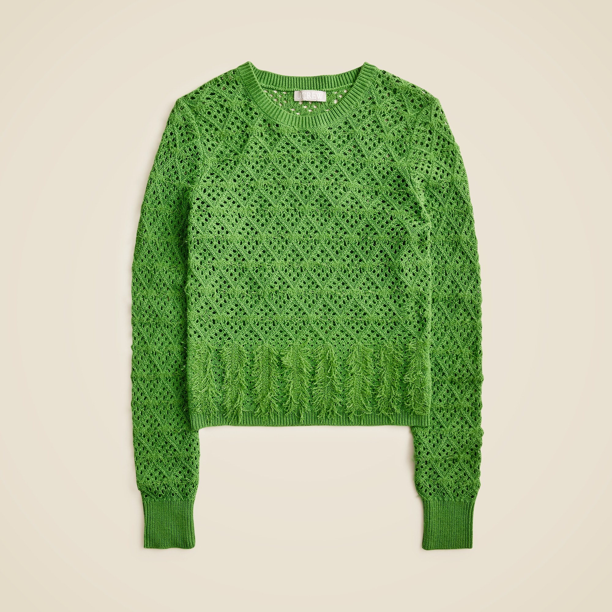 Pointelle crewneck sweater with fringe