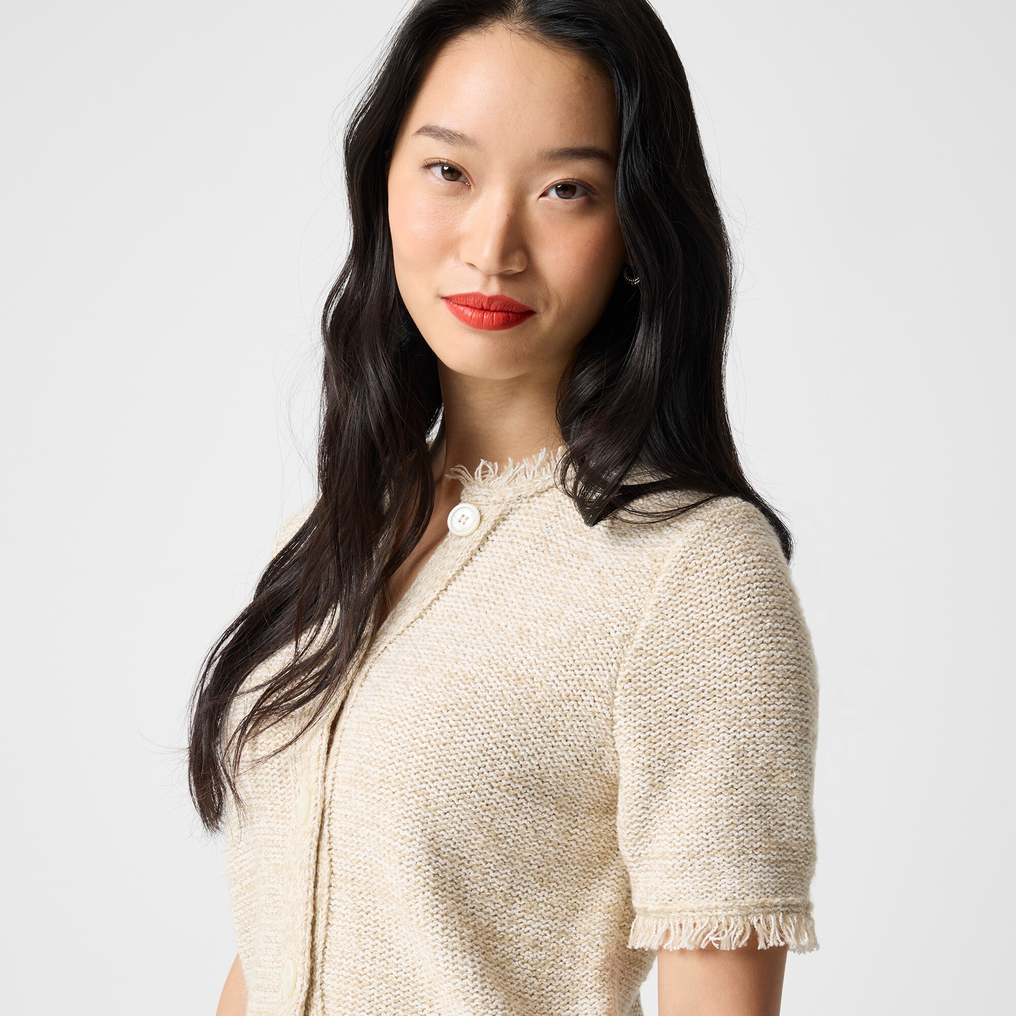 Short-sleeve fringe lady cardigan sweater