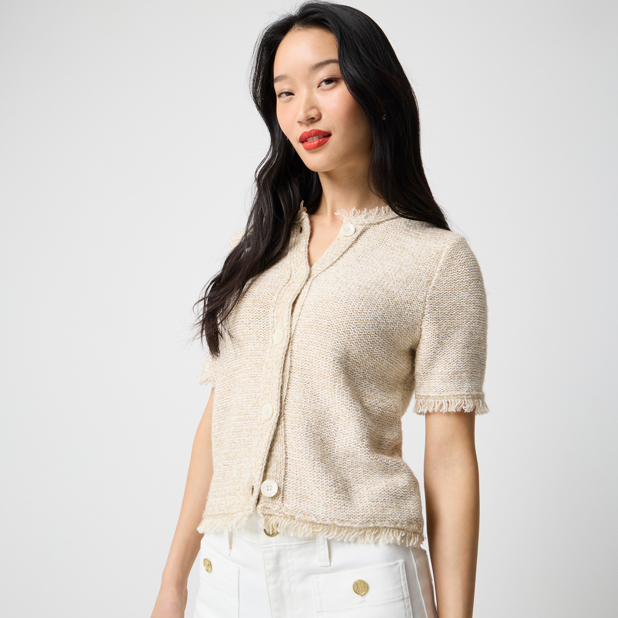 Short-sleeve fringe lady cardigan sweater