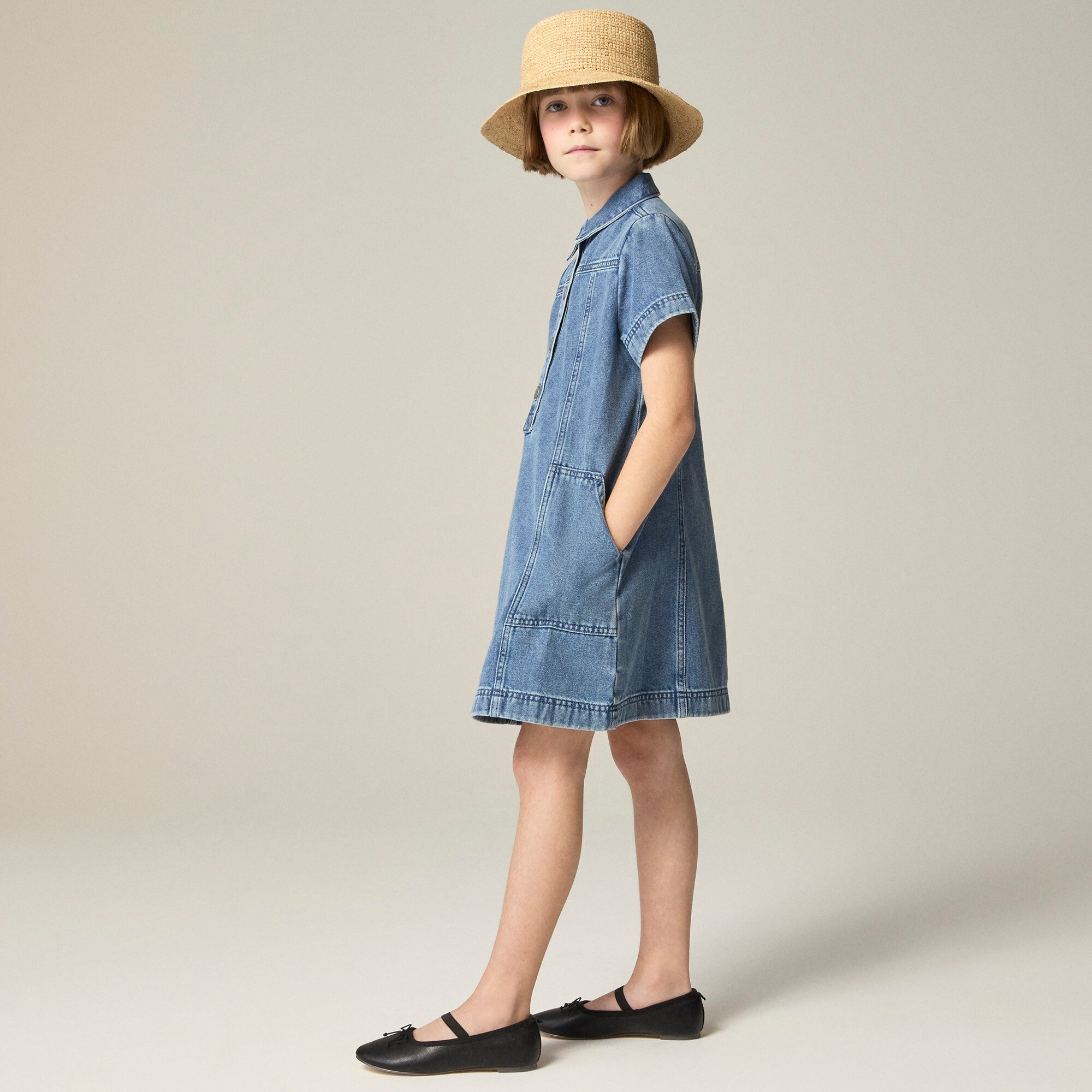 Girls' short-sleeve shirtdress in drapey denim