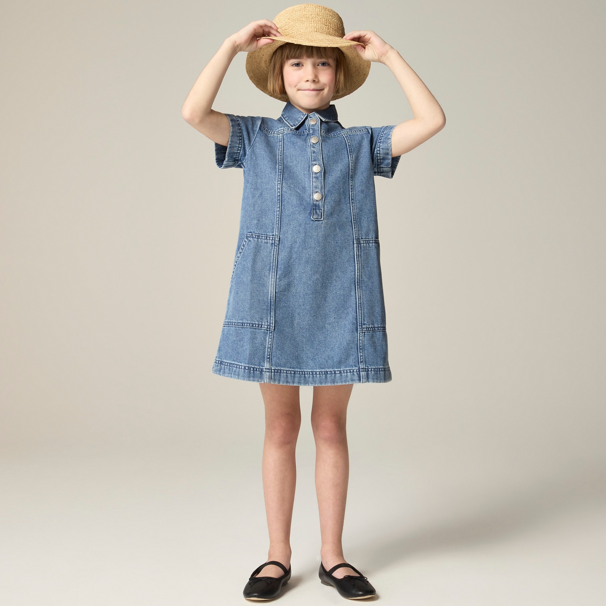 girls Girls' short-sleeve shirtdress in drapey denim