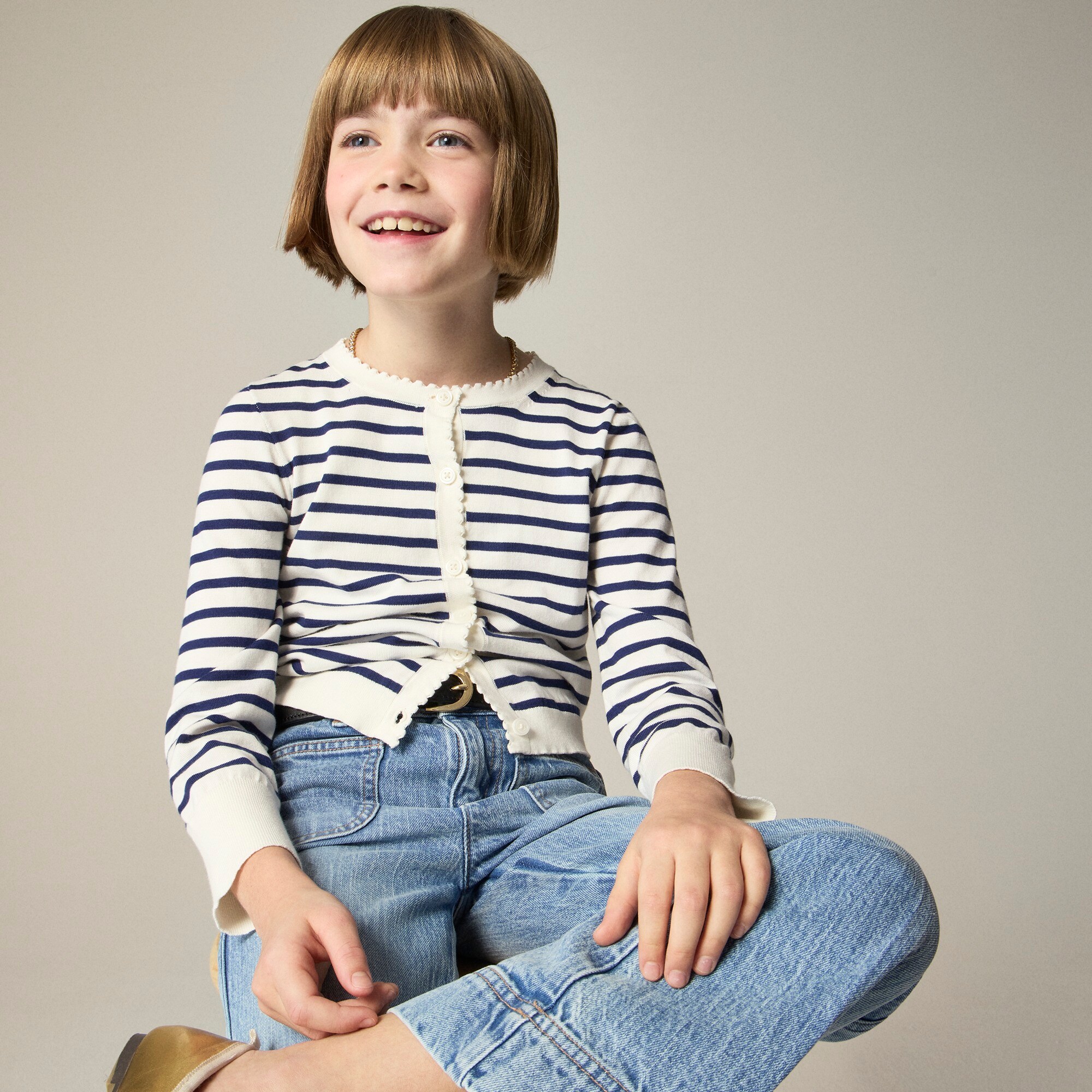 girls Girls' scalloped lightweight cotton cardigan in stripe