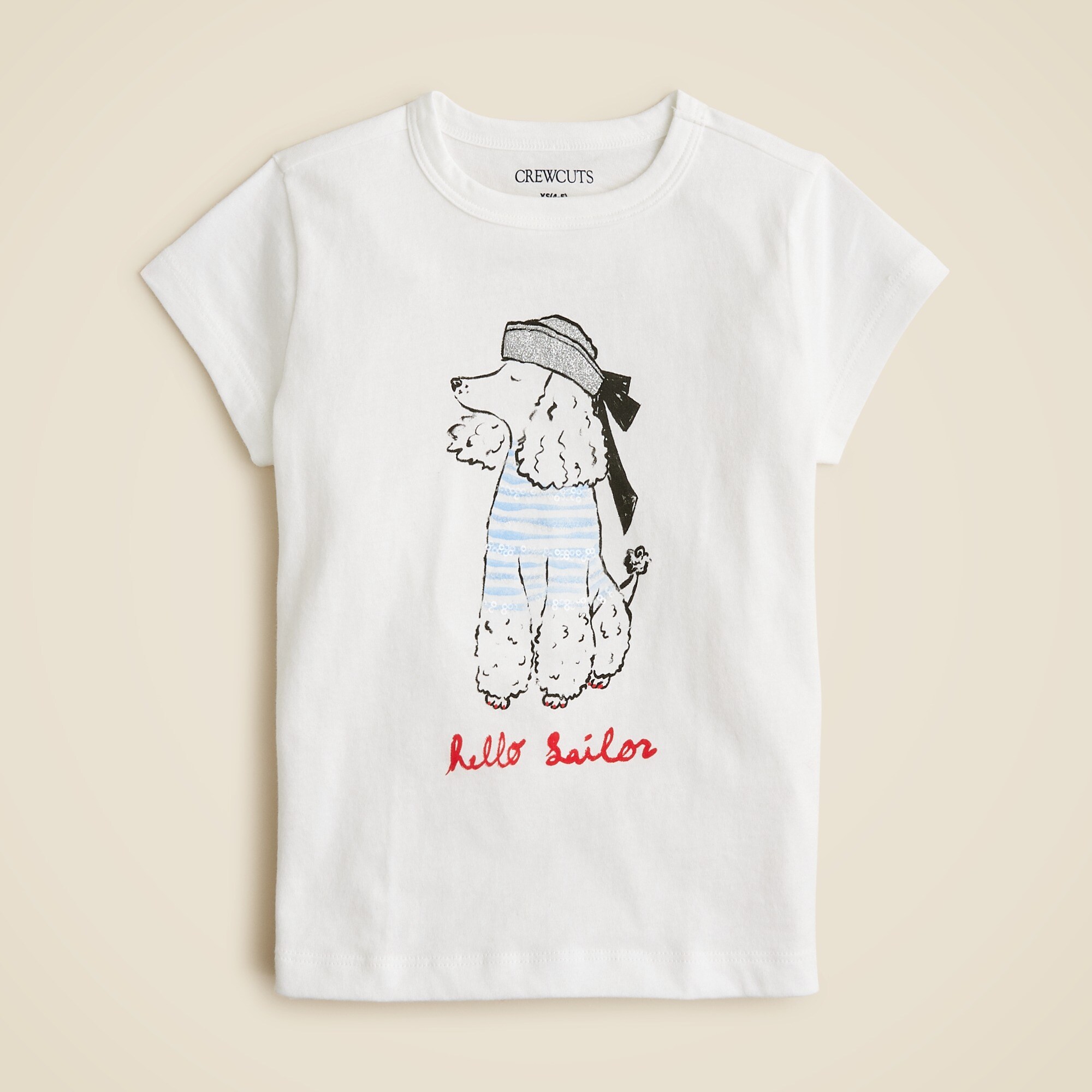  Girls' short-sleeve sailor dog graphic T-shirt with glitter