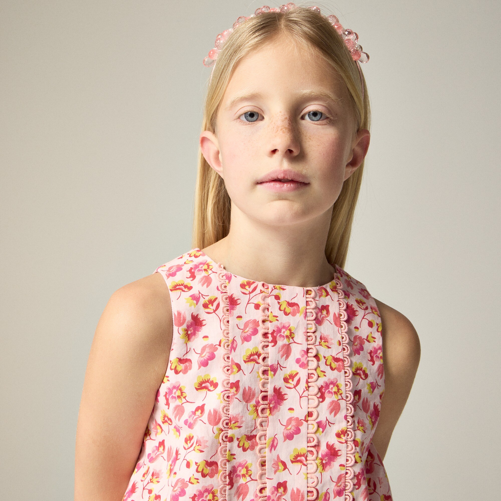 Girls' bubble tank top in linen-cotton blend floral