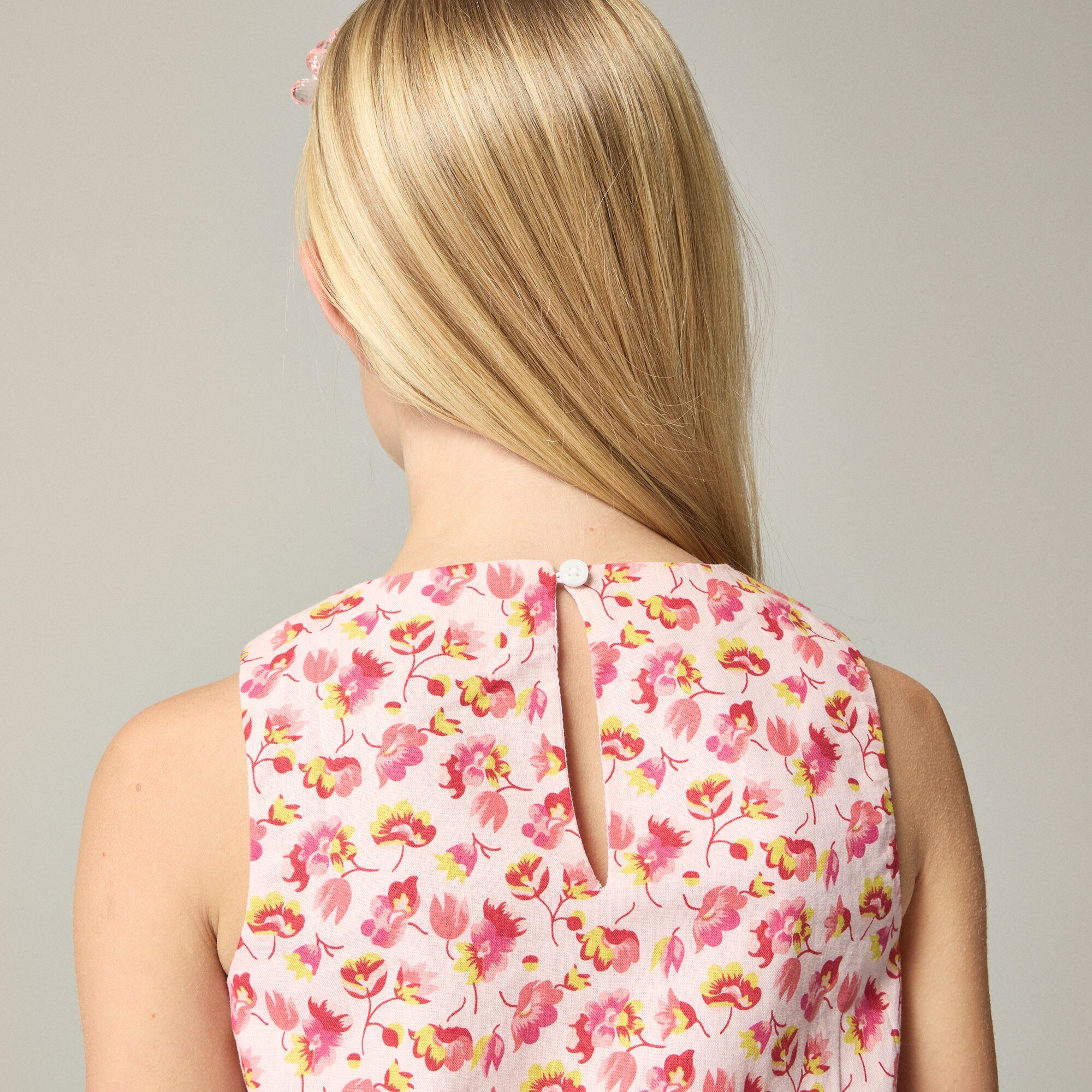 Girls' bubble tank top in linen-cotton blend floral