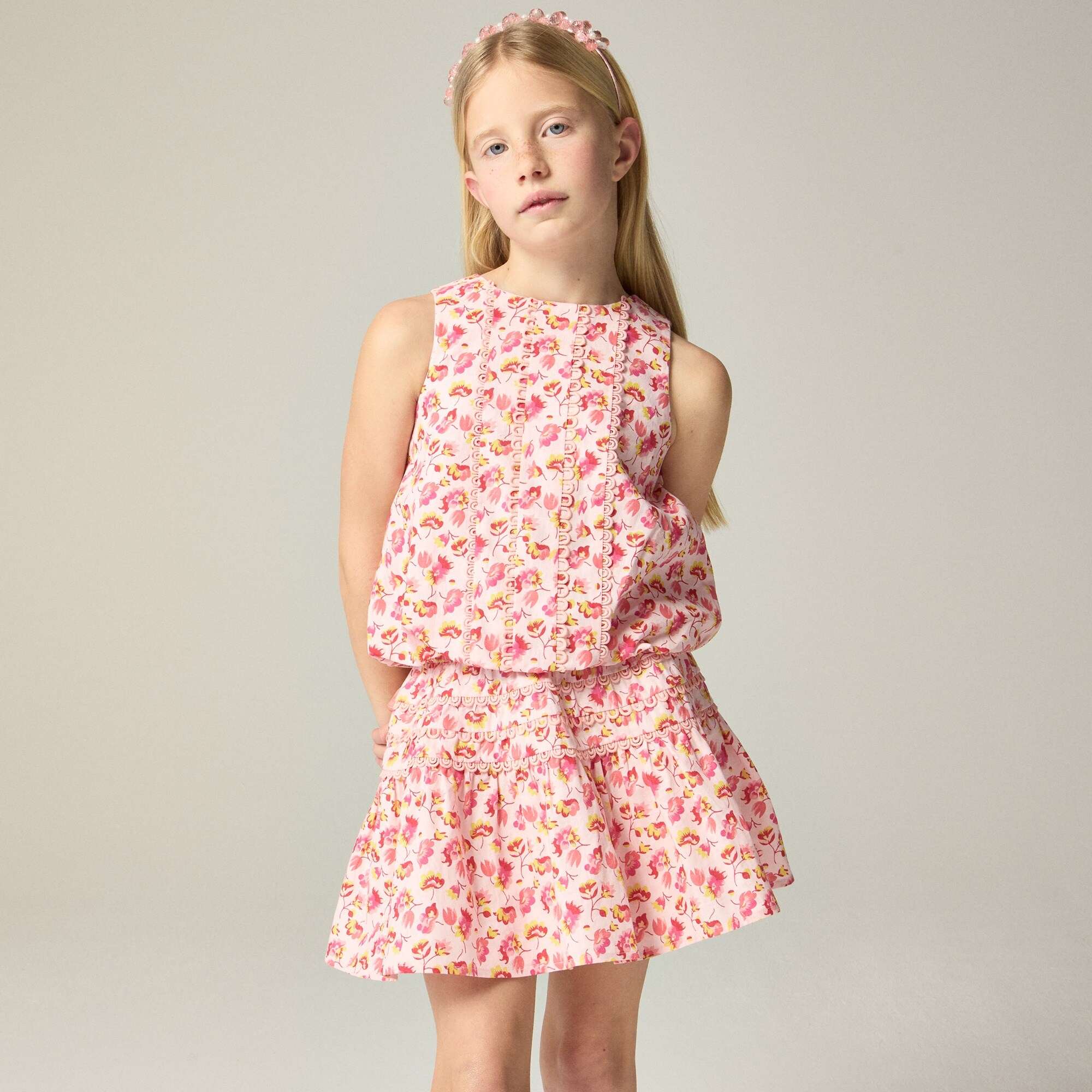  Girls' bubble tank top in linen-cotton blend floral