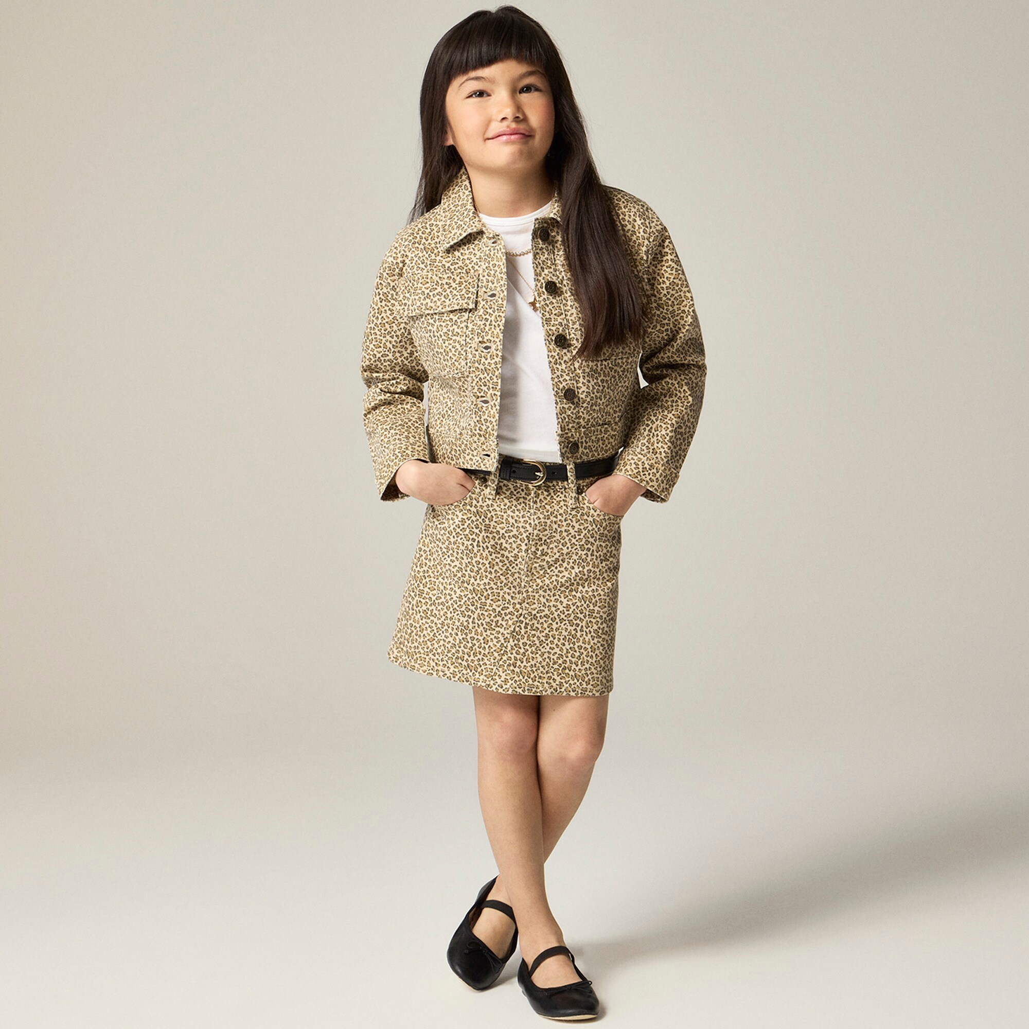 Girls' denim mini skirt in leopard print