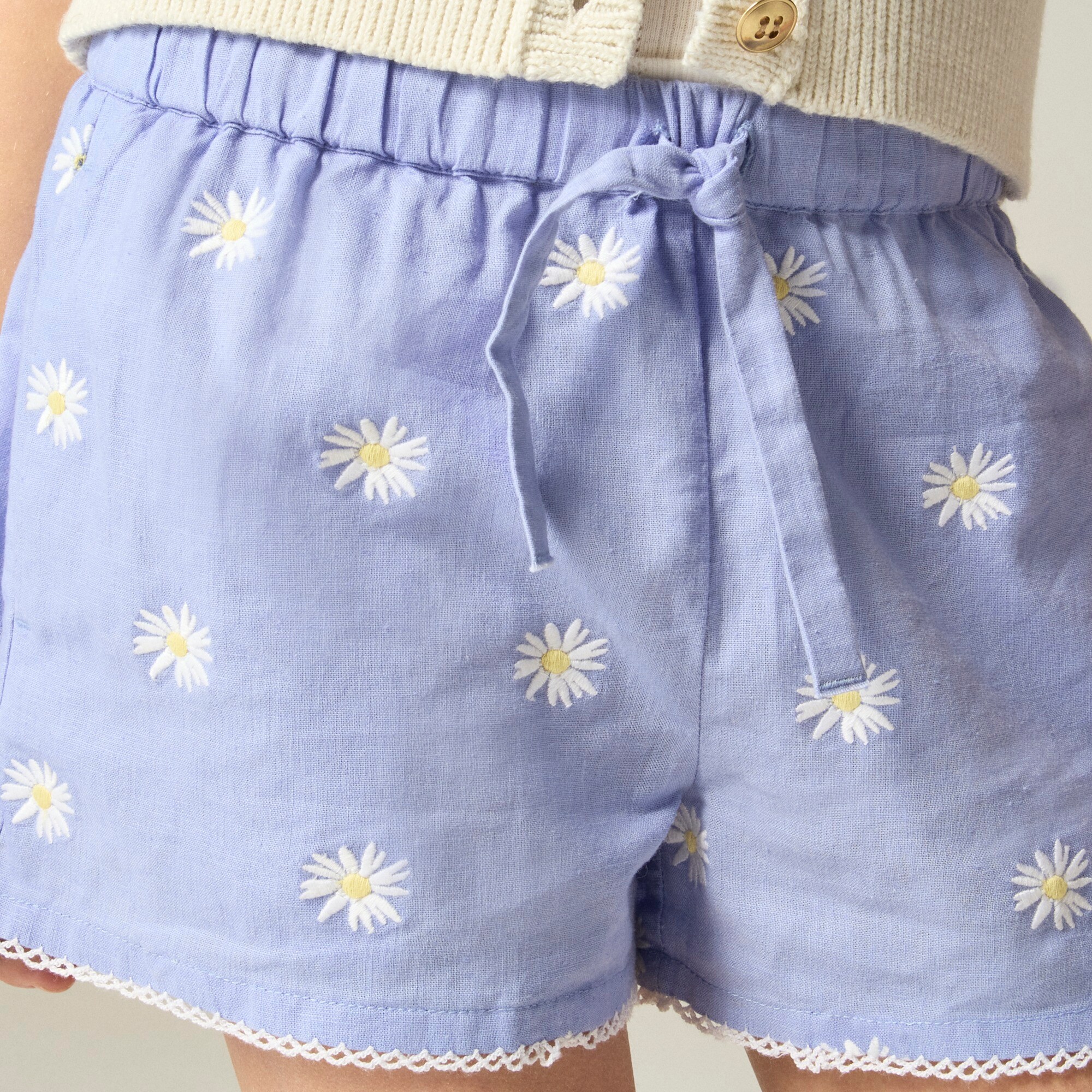 Girls' embroidered Soleil short in linen-cotton blend