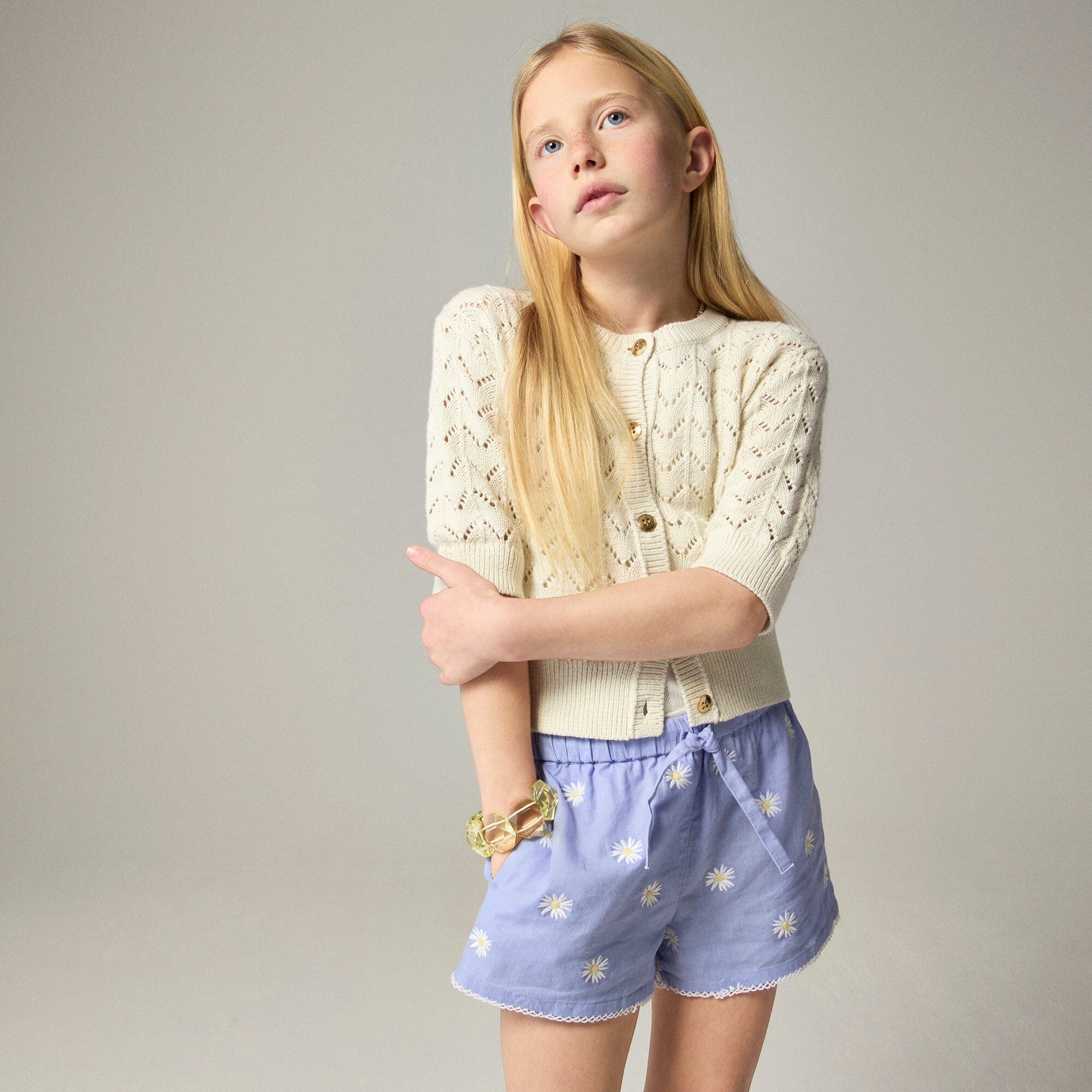 Girls' embroidered Soleil short in linen-cotton blend