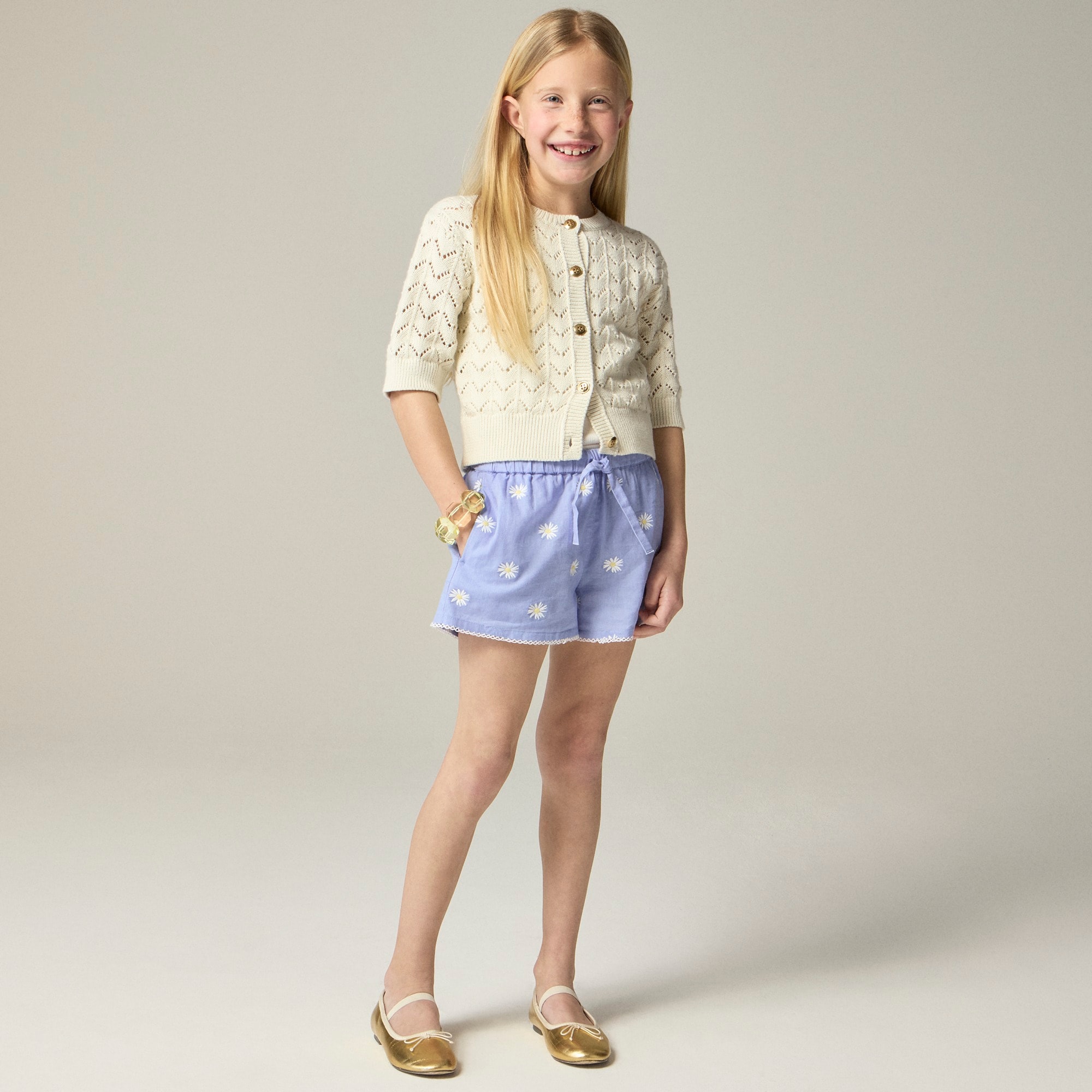girls Girls' embroidered Soleil short in linen-cotton blend