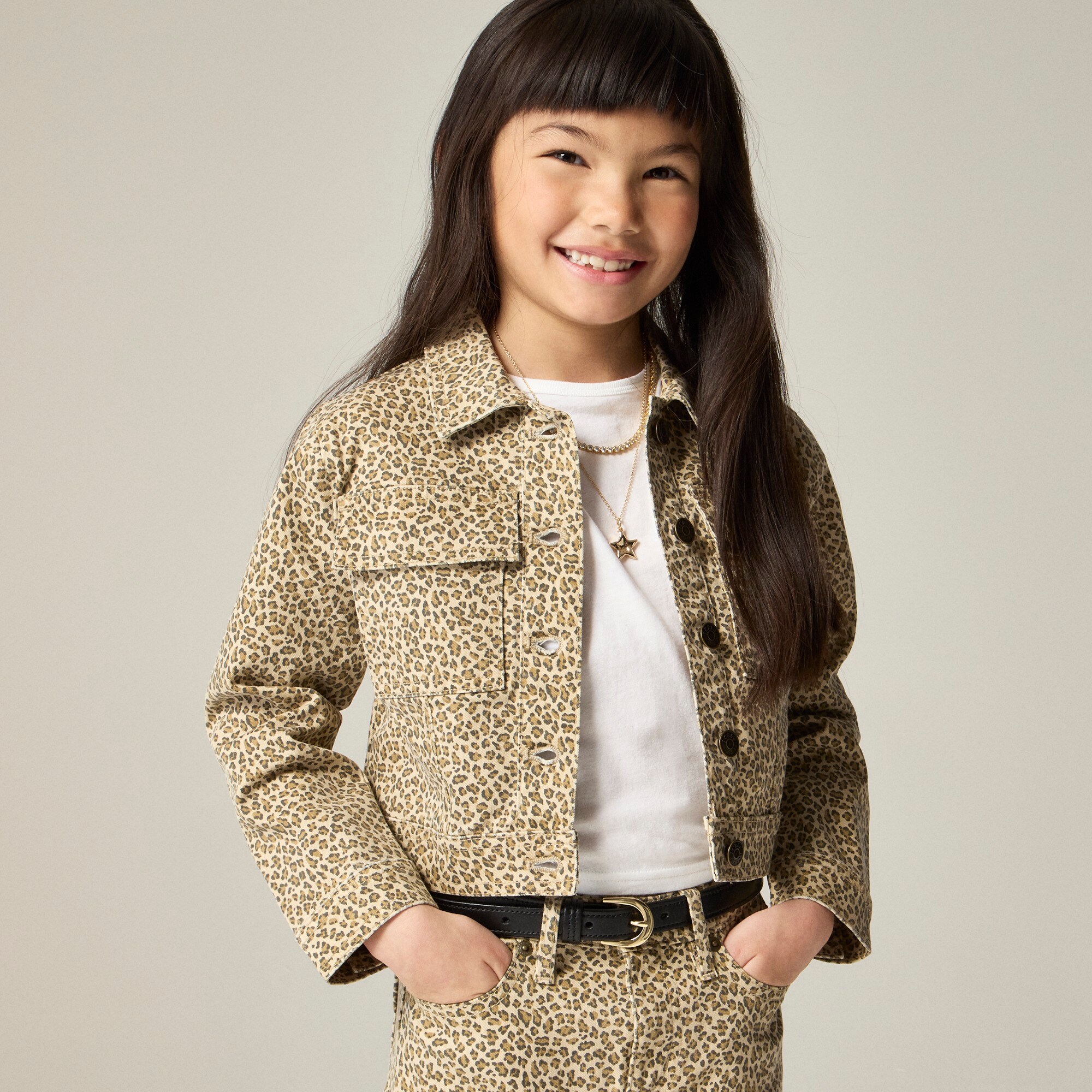 Girls' denim jacket in leopard print