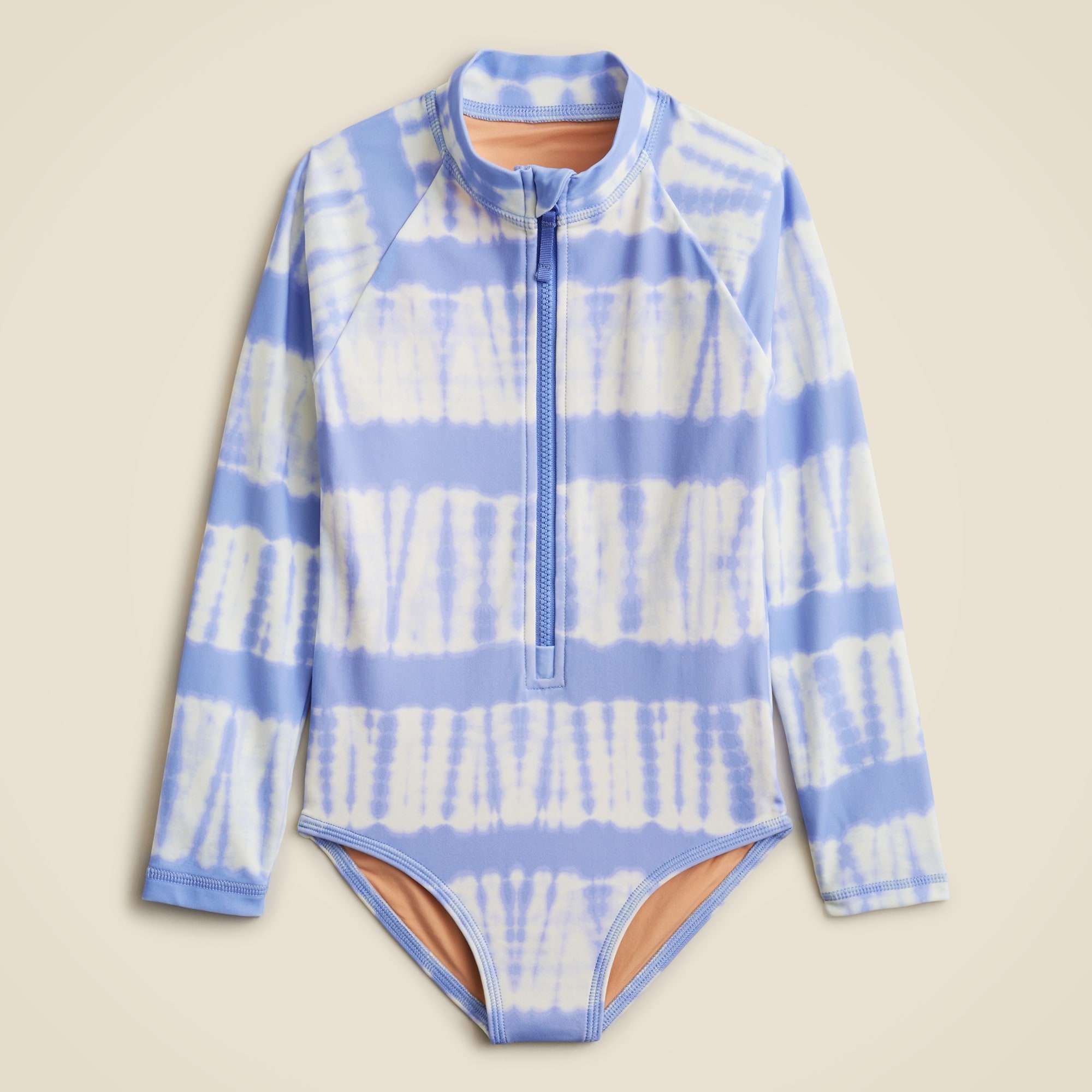  Girls' zip-up rash guard one-piece with UPF 50+ fabric