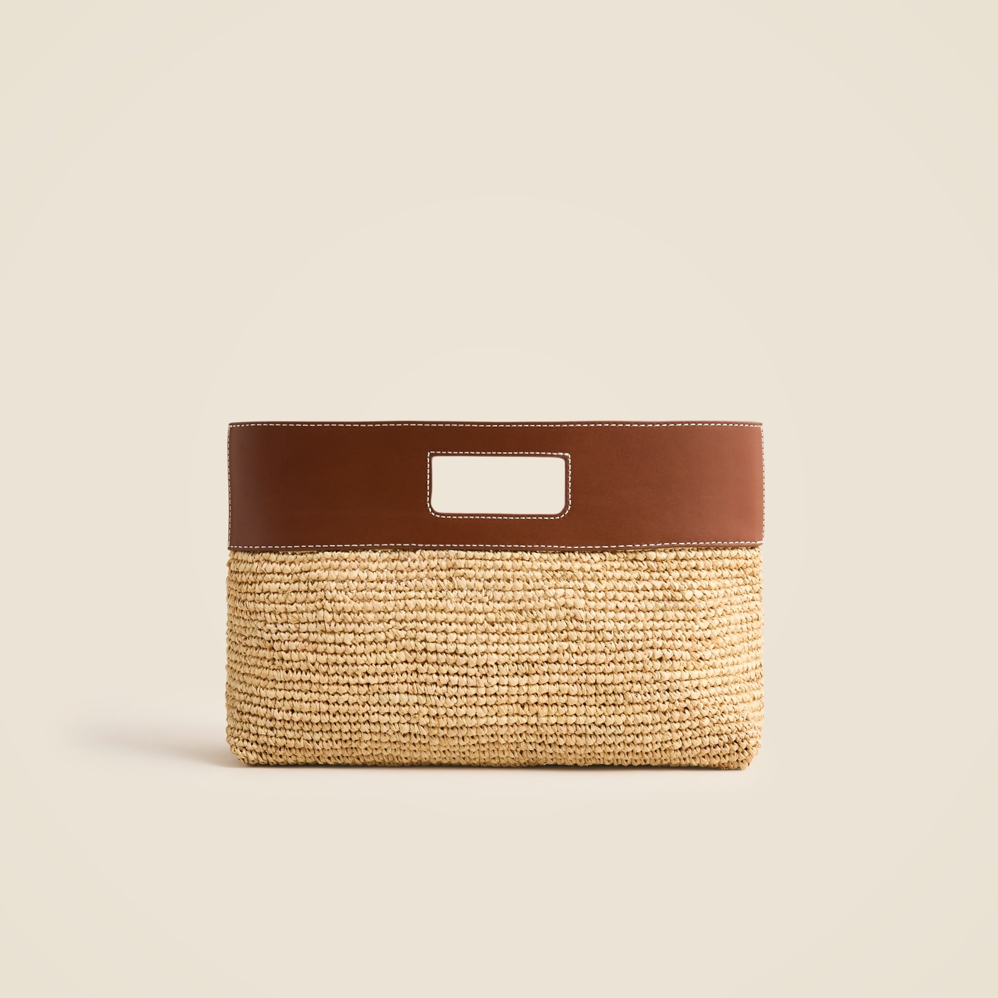 womens Handknotted raffia rectangular clutch with leather handles