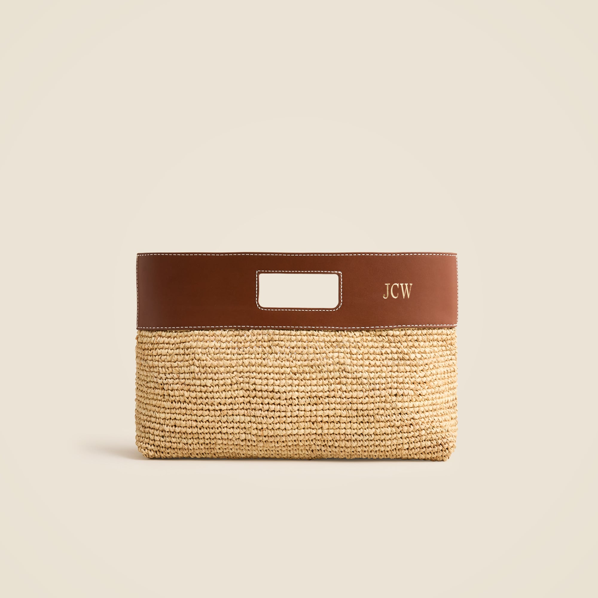 Handknotted raffia rectangular clutch with leather handles