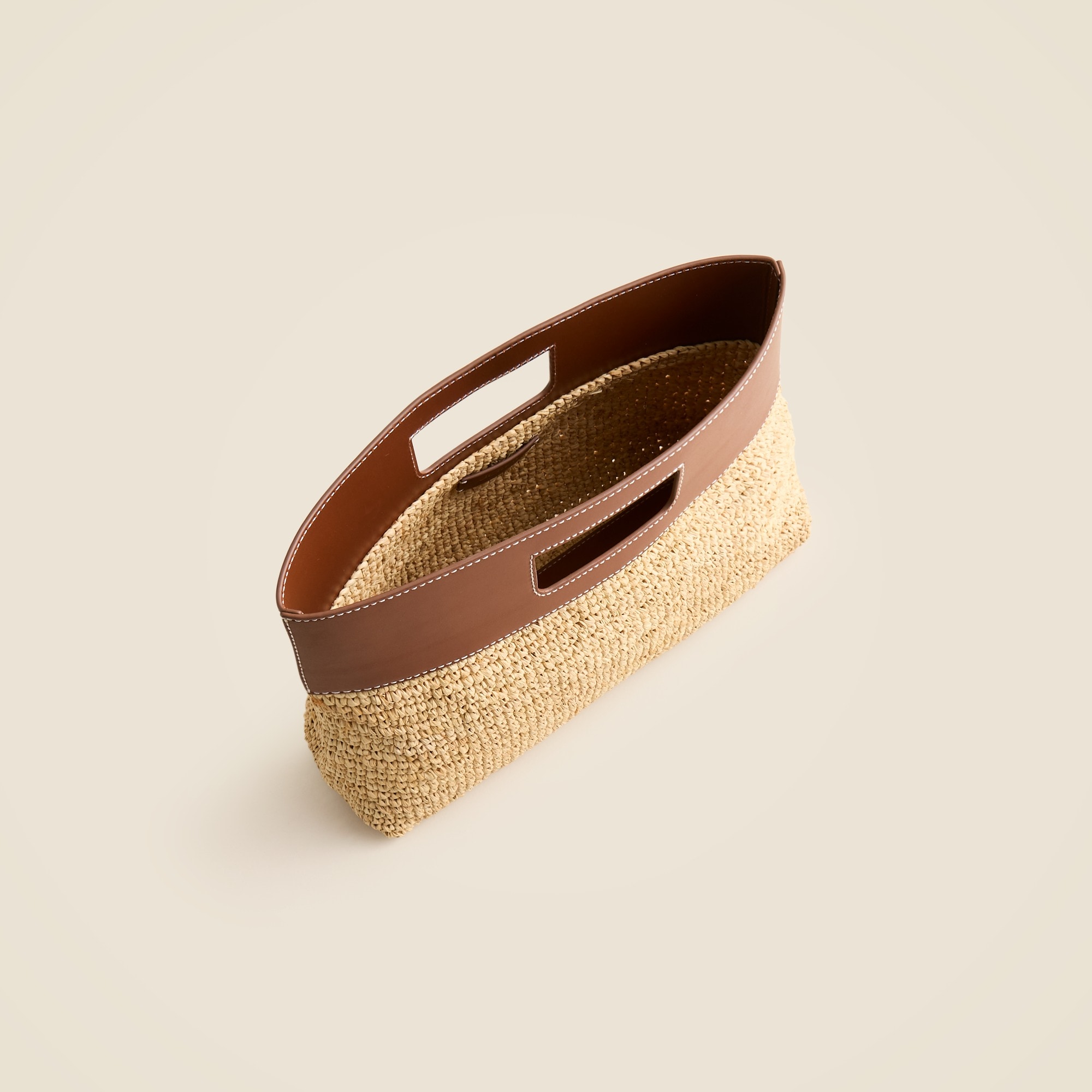 Handknotted raffia rectangular clutch with leather handles