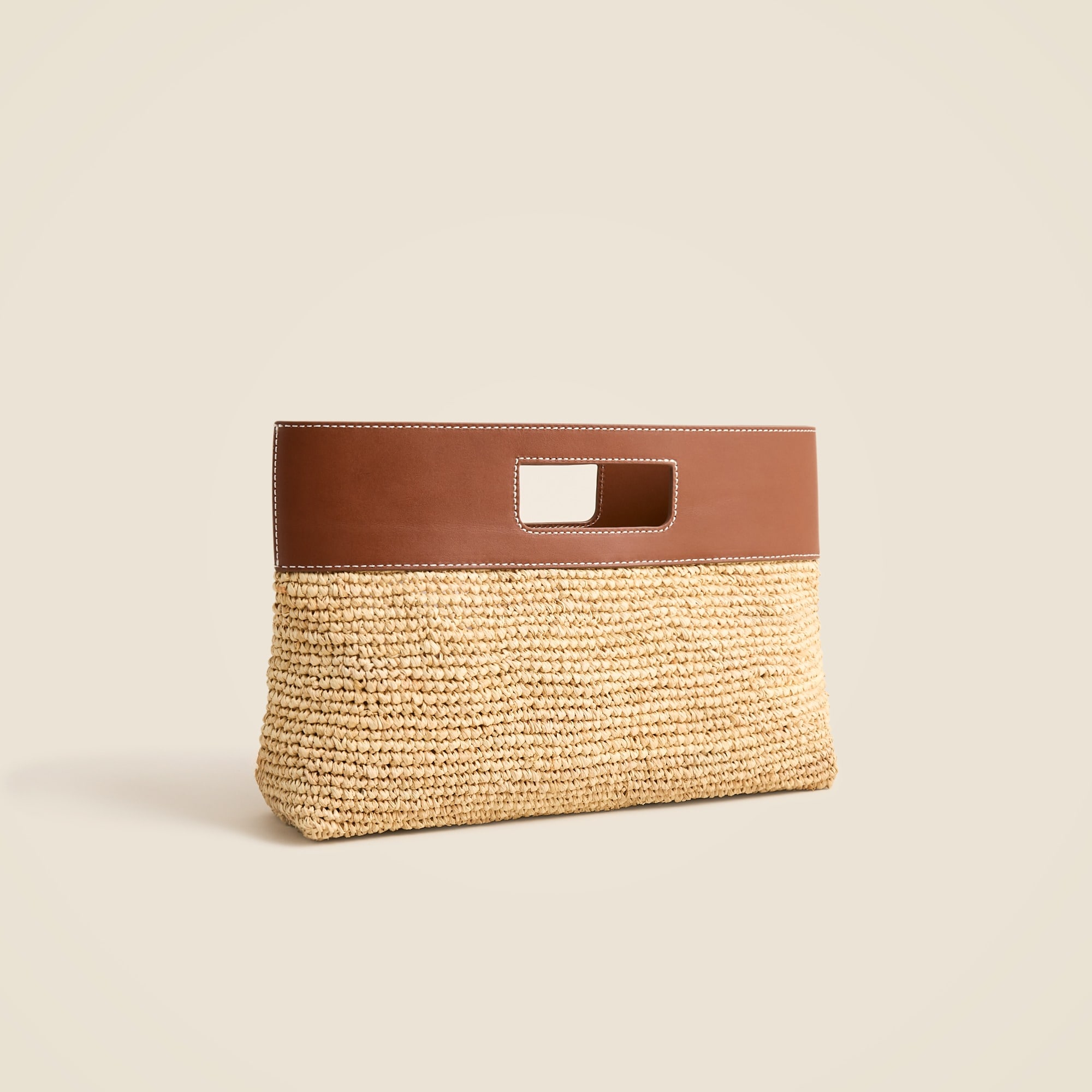 Handknotted raffia rectangular clutch with leather handles