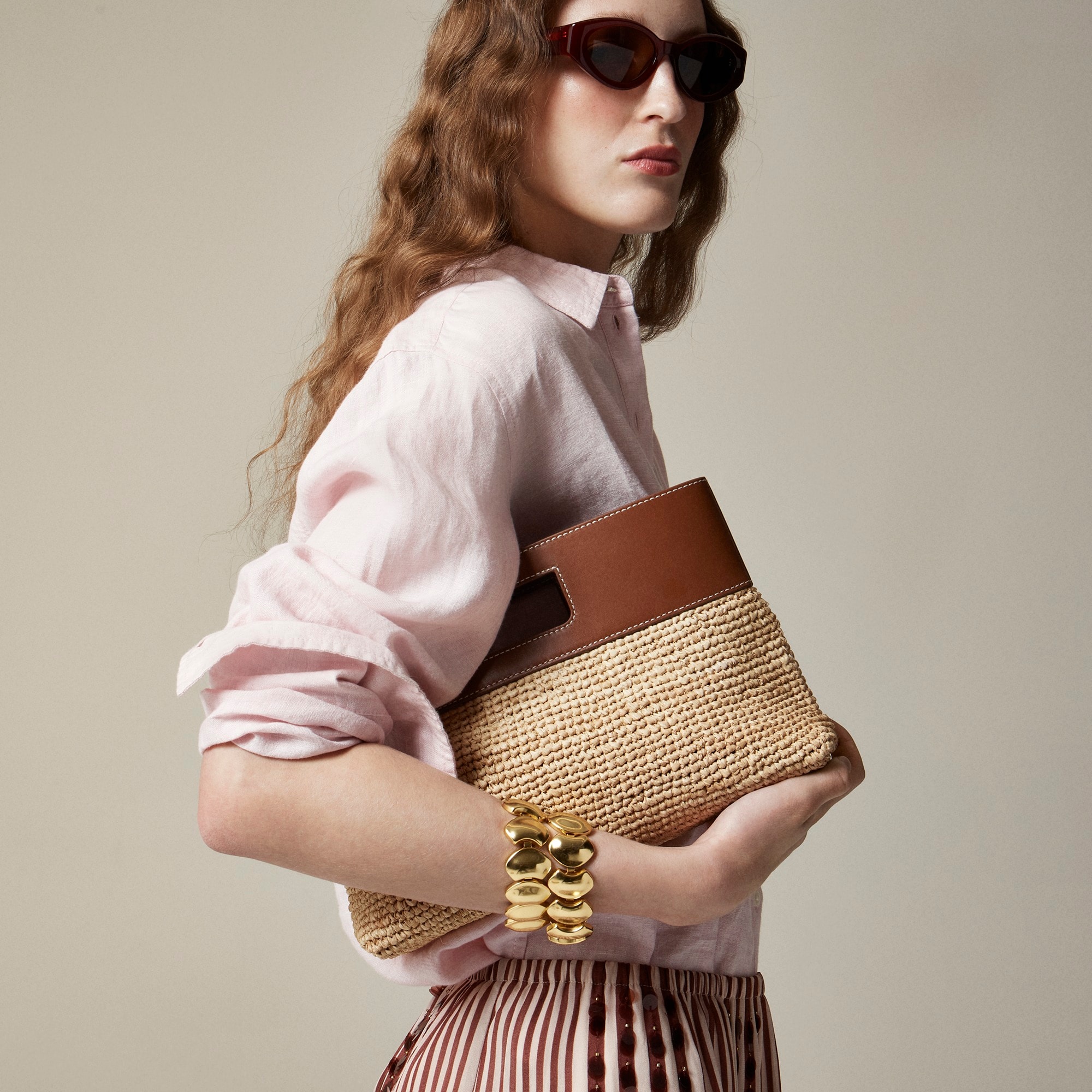 womens Handknotted raffia rectangular clutch with leather handles