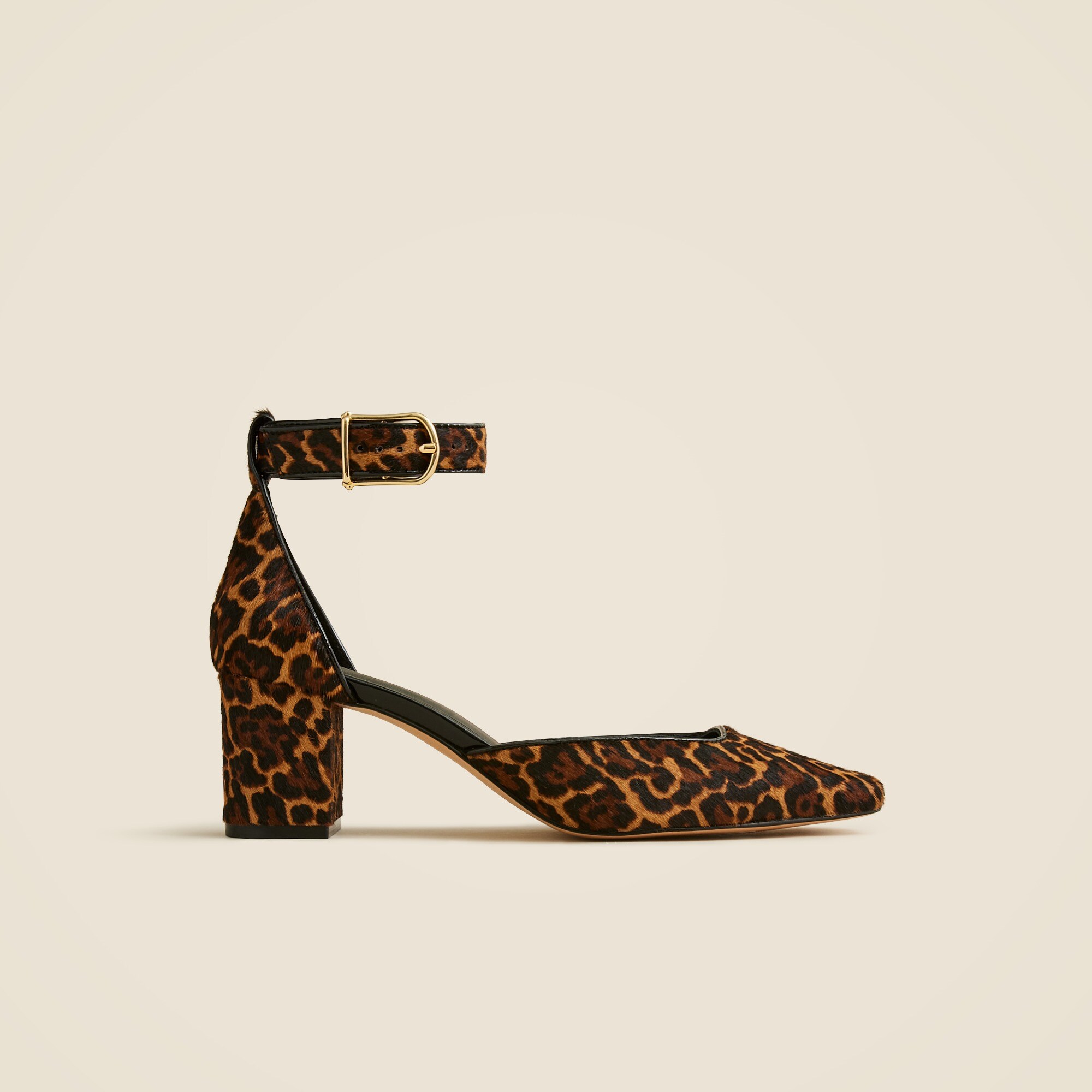 Buckle-strap block heels in leopard-print calf hair