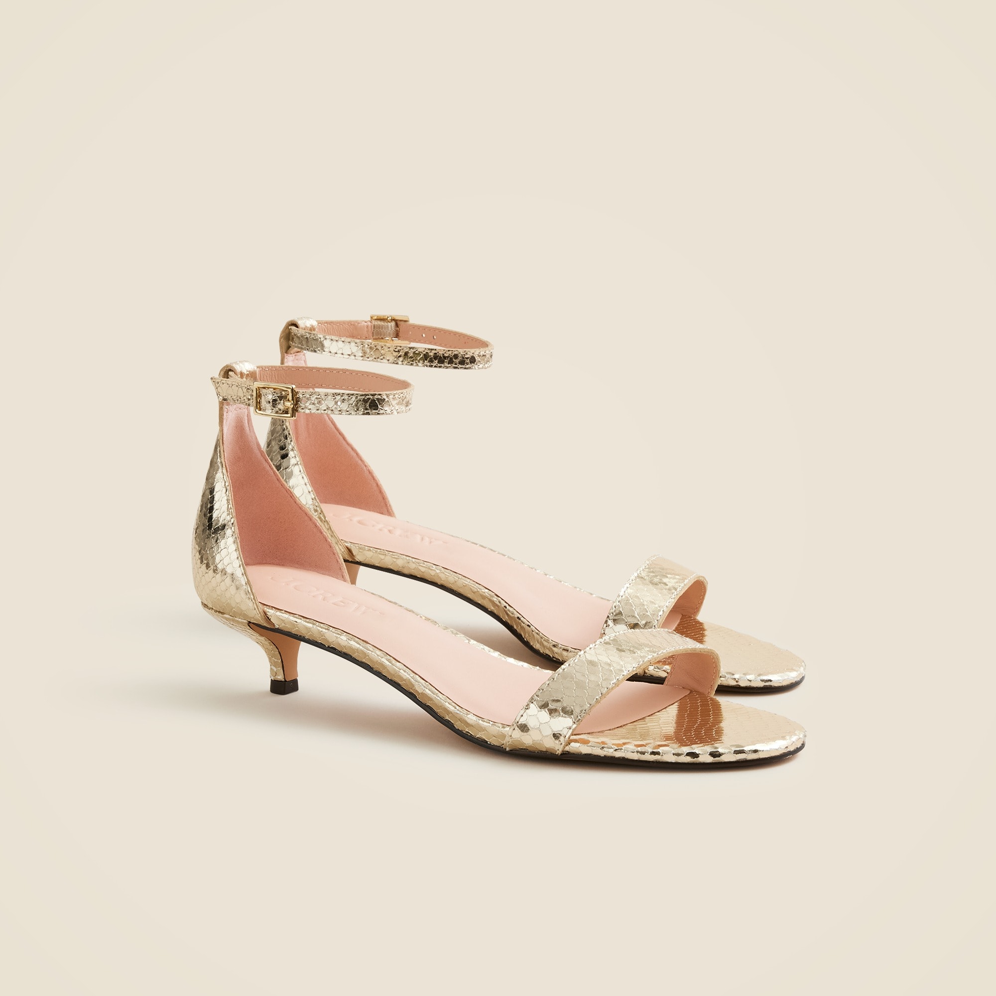 womens Ankle-strap kitten-heel sandals in Italian snake-embossed metallic leather