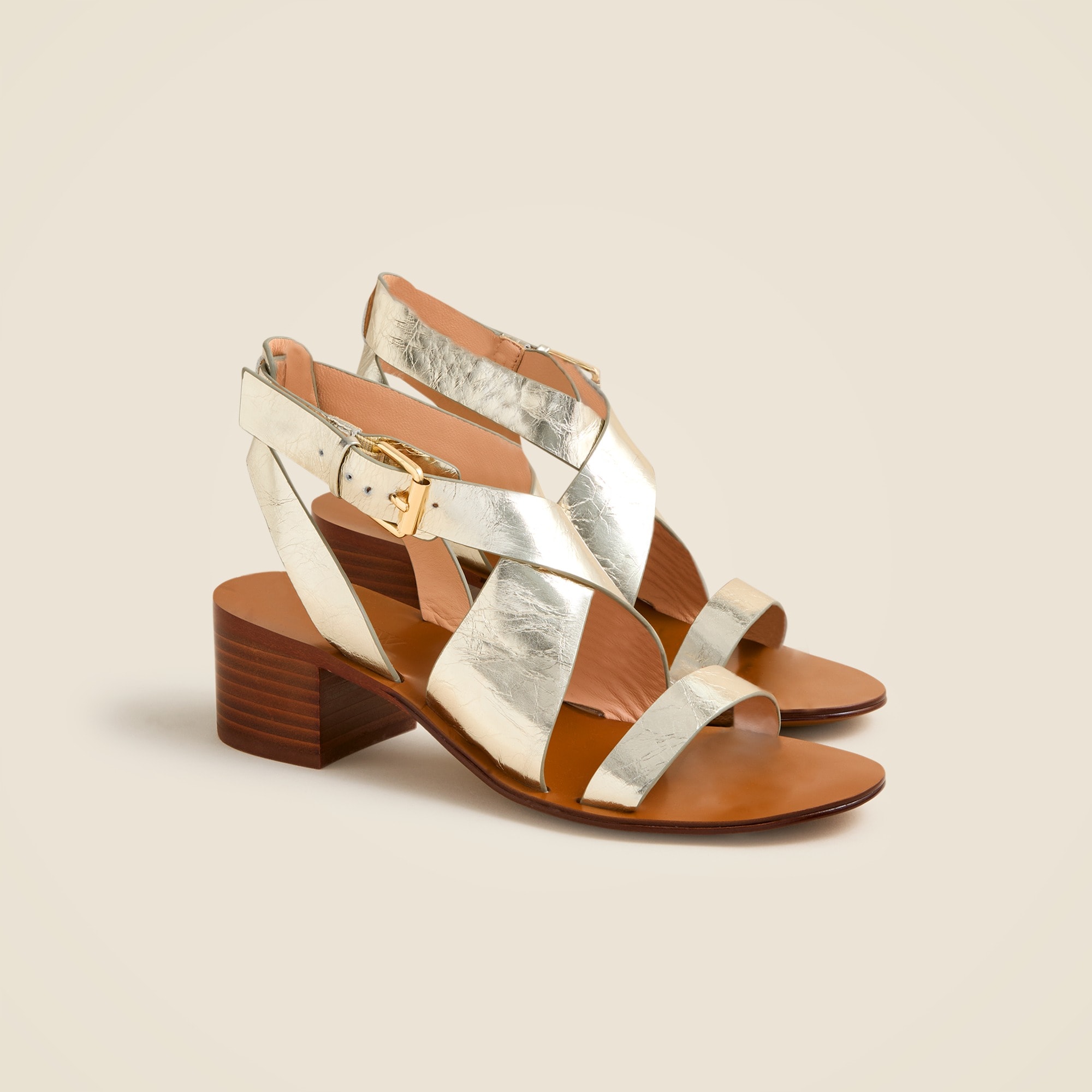 womens Cross-strap block-heel sandals in metallic leather