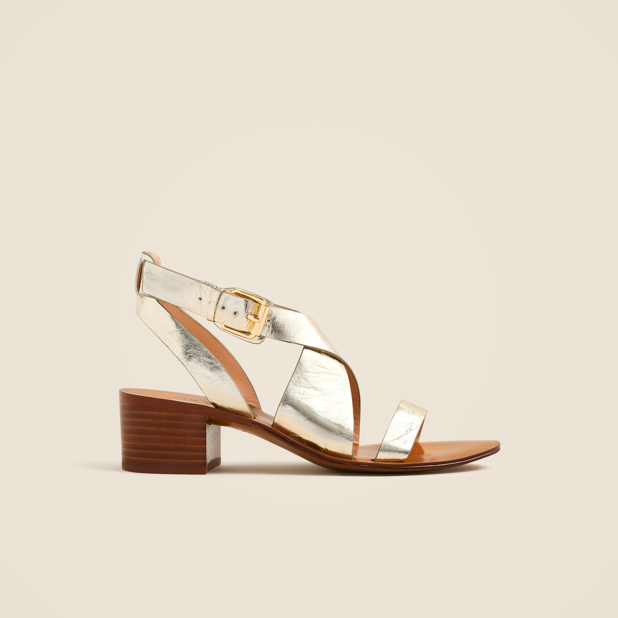 Cross-strap Block-heel Sandals In Metallic Leather For Women