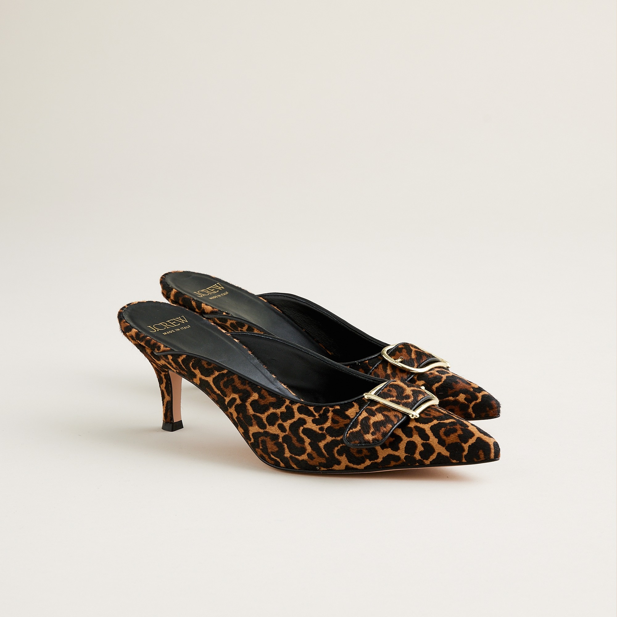 womens Made-in-Italy Colette buckle slip-on heels in leopard-print calf hair