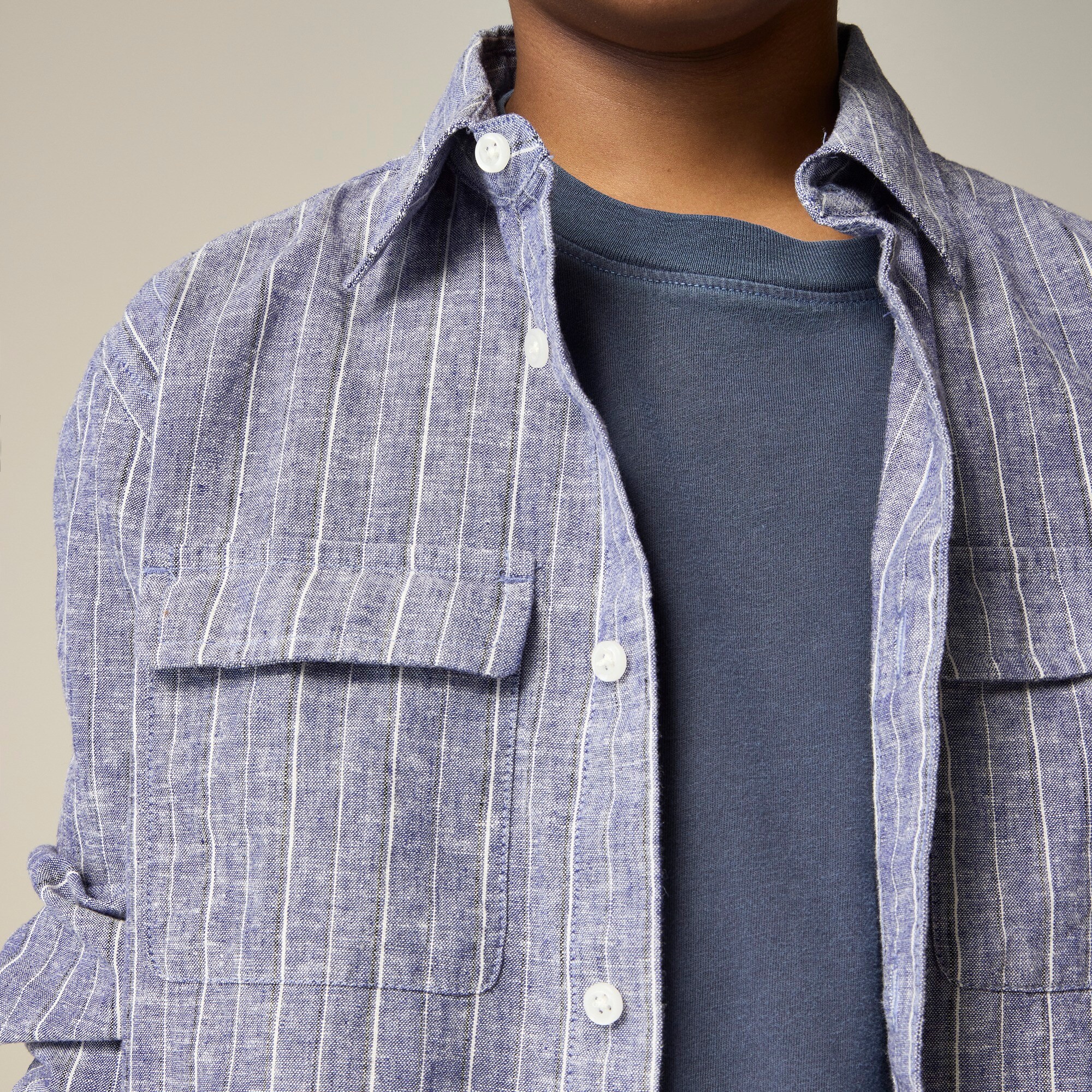 Kids' long-sleeve camp-pocket shirt in linen-cotton blend